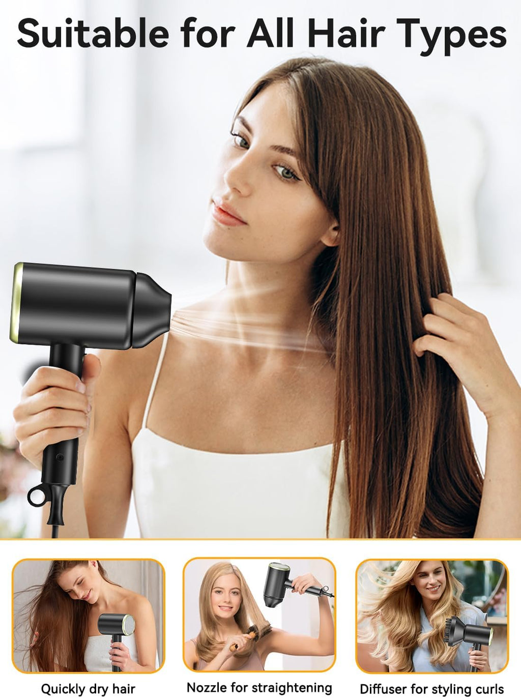 Hair Dryer, Ionic Blow Dryer - Fast Drying, Low Noise, Foldable Portable with Diffuser and Nozzle, Compact Mini for Women and Men - 1 Pack