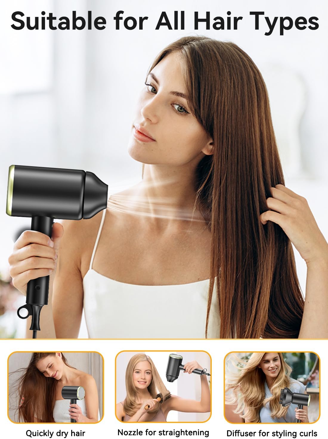 Hair Dryer, Ionic Blow Dryer - Fast Drying, Low Noise, Foldable Portable with Diffuser and Nozzle, Compact Mini for Women and Men - 1 Pack