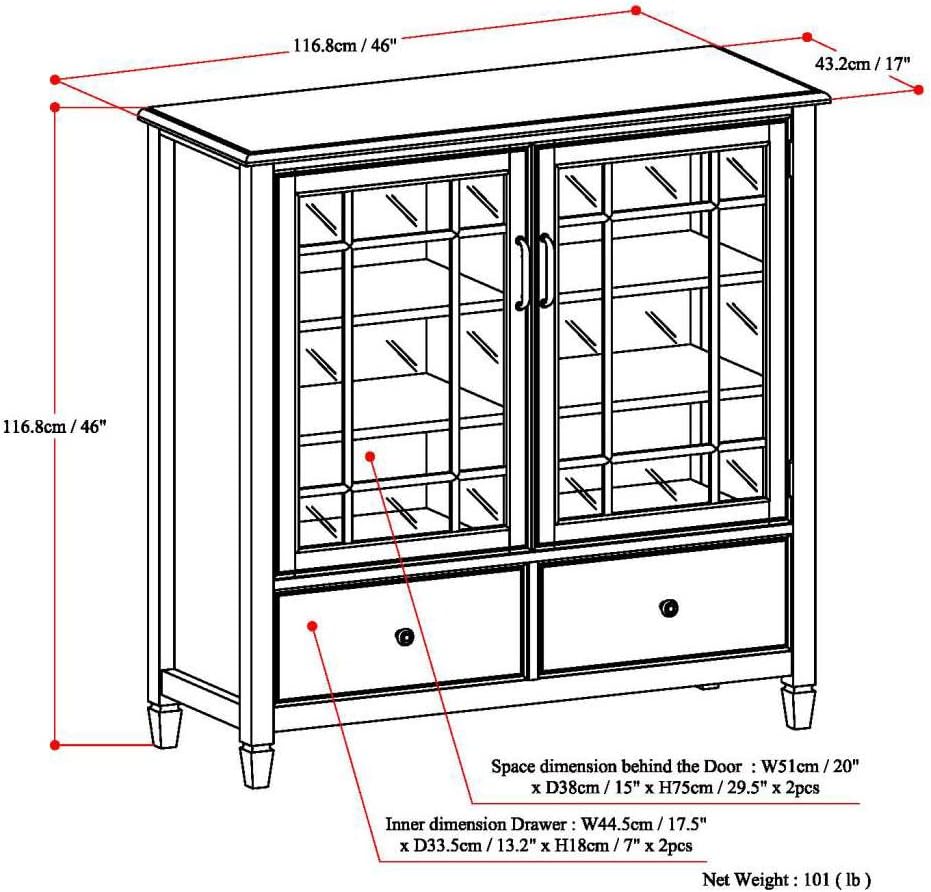 SIMPLIHOME Connaught Storage Cabinet - 46 inch Wide Solid Wood Tall Cabinet in Dark Chestnut Brown, Traditional Console for Living Room or Dining Room with Glass Doors, Adjustable Shelves, and Drawers