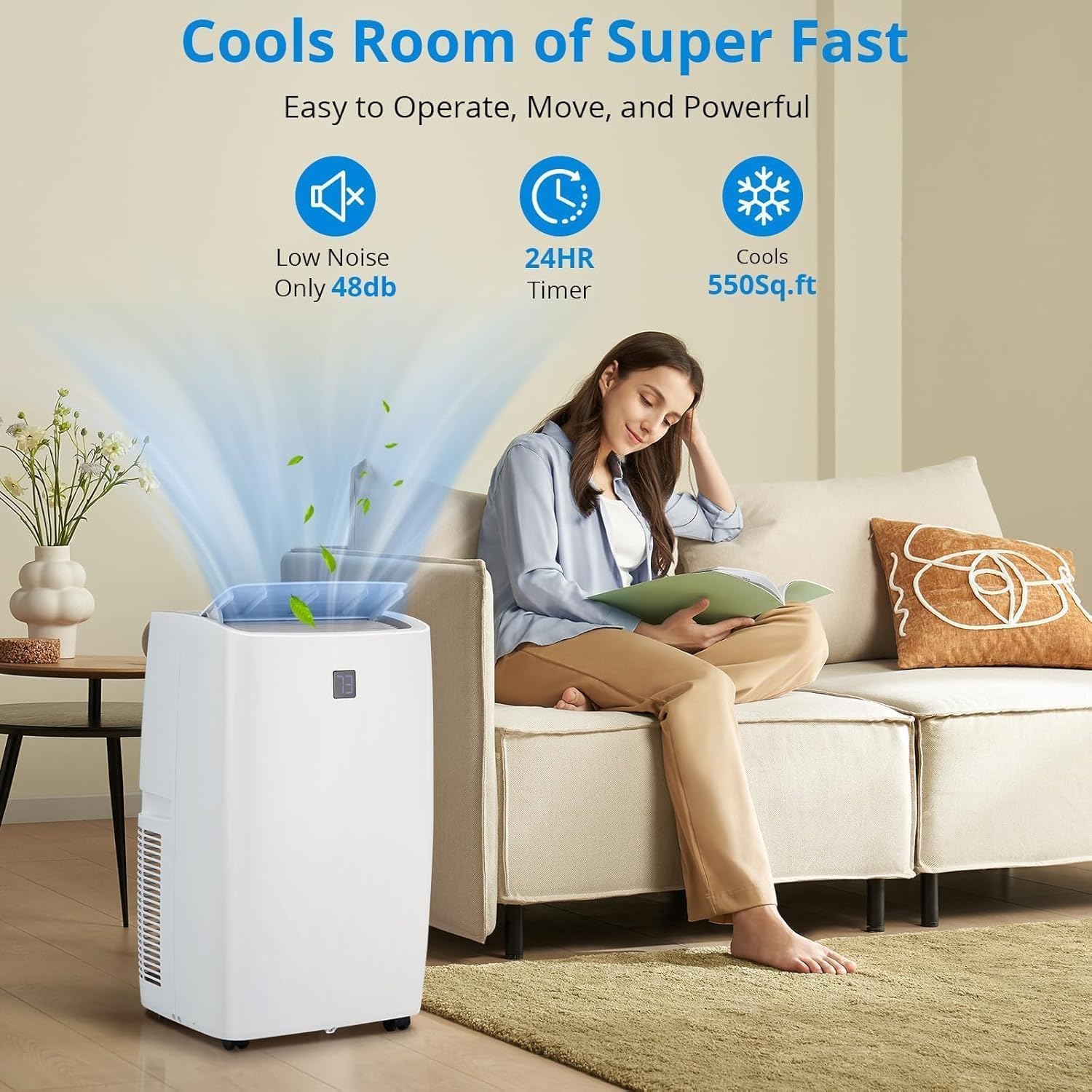 Portable Air Conditioners, 12000 BTU Portable AC for Rooms Up to 550 Sq.Ft. 3-In-1 AC with Fast Cooling, Dehumidifier & Three Speed Fan, 24H Timer/Remote Control/Quiet, White LED Control Panel