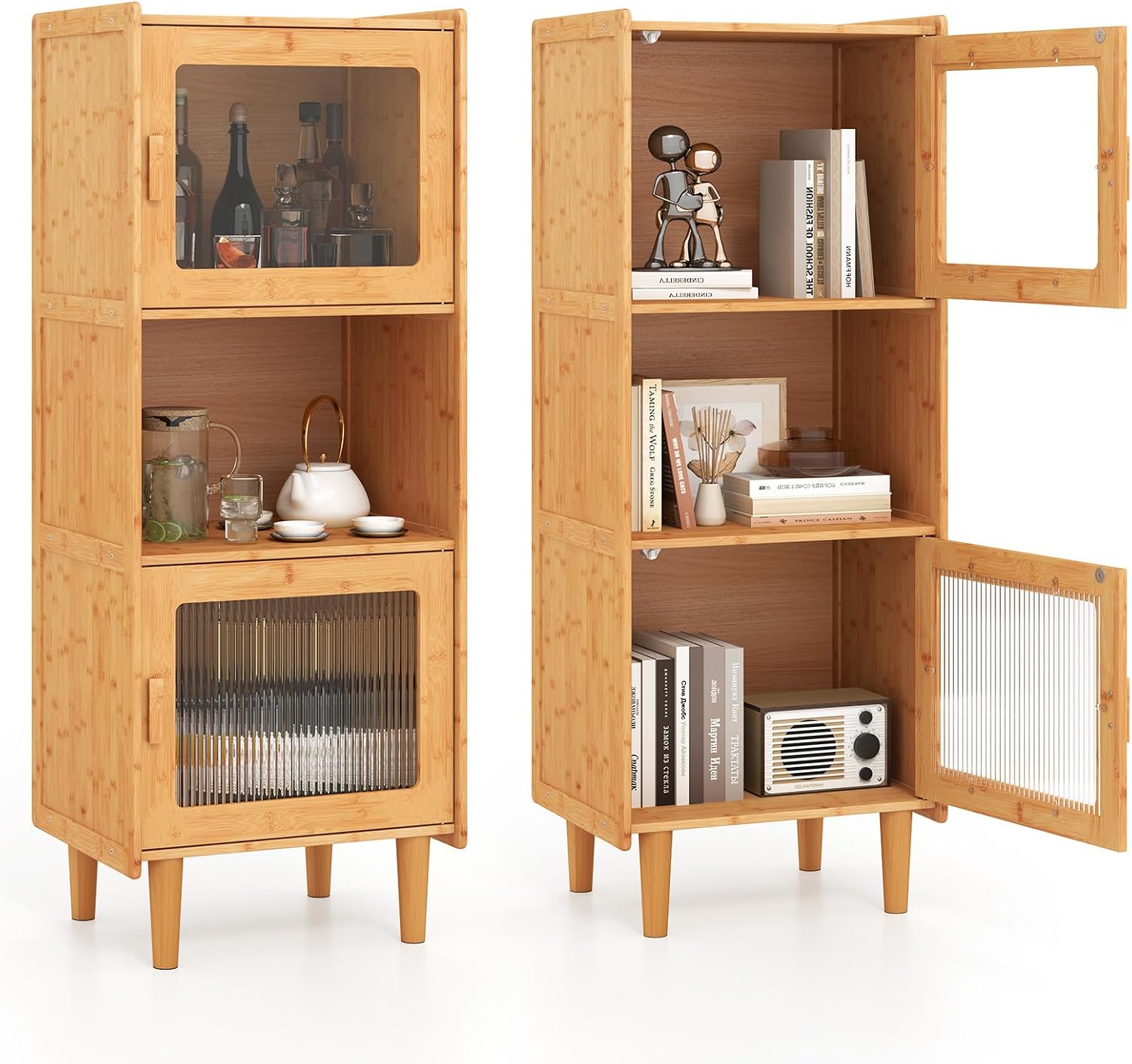 Giantex Set of 2 Bamboo Storage Cabinet, 3-Cube Bookcase, Freestanding Liquor Display Sideboard with 2 Single Doors, Corner Organizer for Living Room, Kitchen, Bathroom