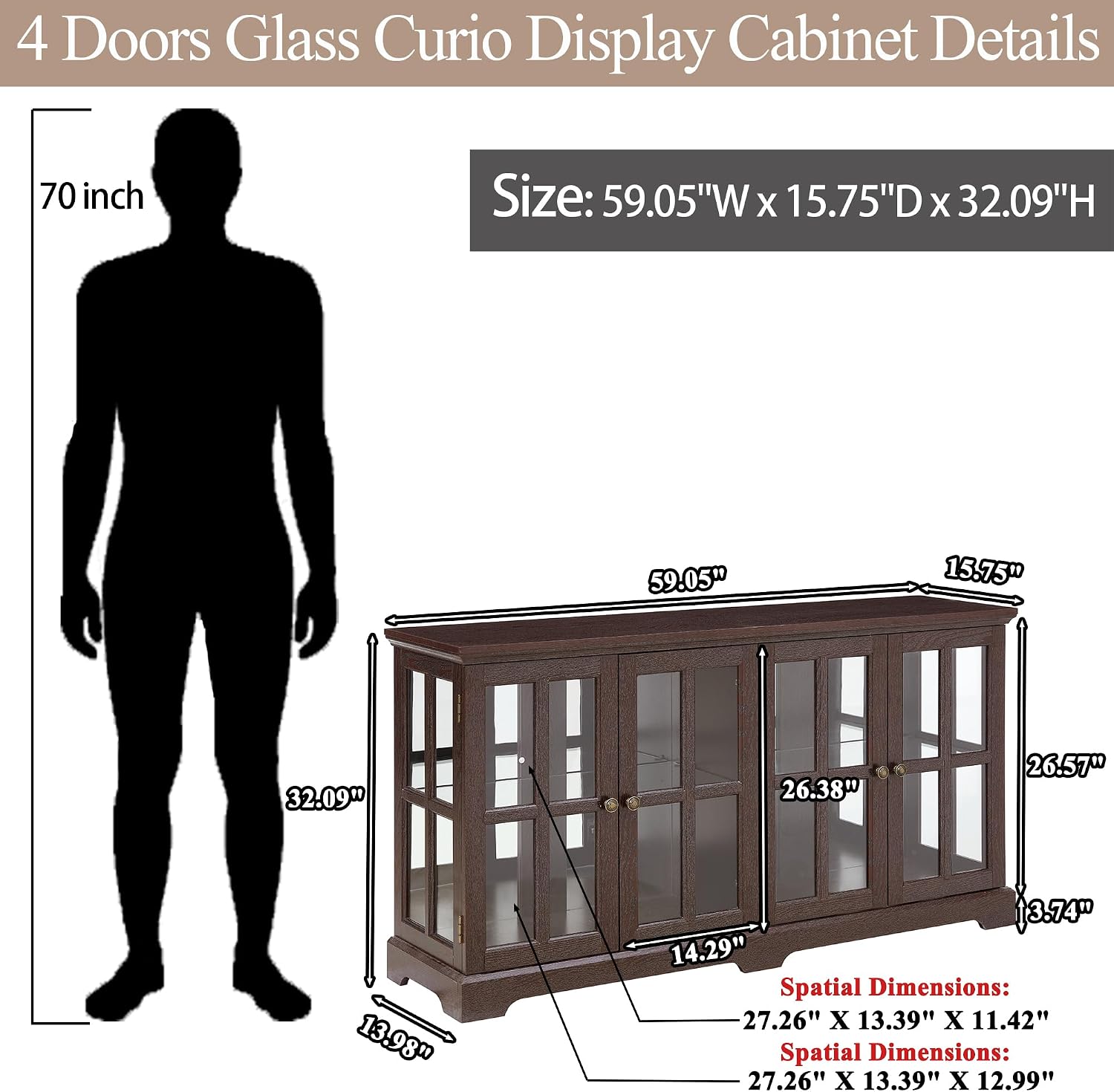 59' Glass Curio Display Storage Cabinet, 4 Doors LED Light Multipurpose Tableware Display Sideboard w/Mirrored Back Pane, Vintage Storage TV Stand for Living Room (Cherry)