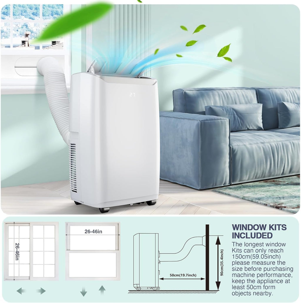 12000 BTU Portable Air Conditioners, for Rooms Up to 550 Sq.Ft. 3-In-1 AC with Fast Cooling, Dehumidifier & Three Speed Fan, 24H Timer and Remote Control, Ultra Quiet for Bedroom, White