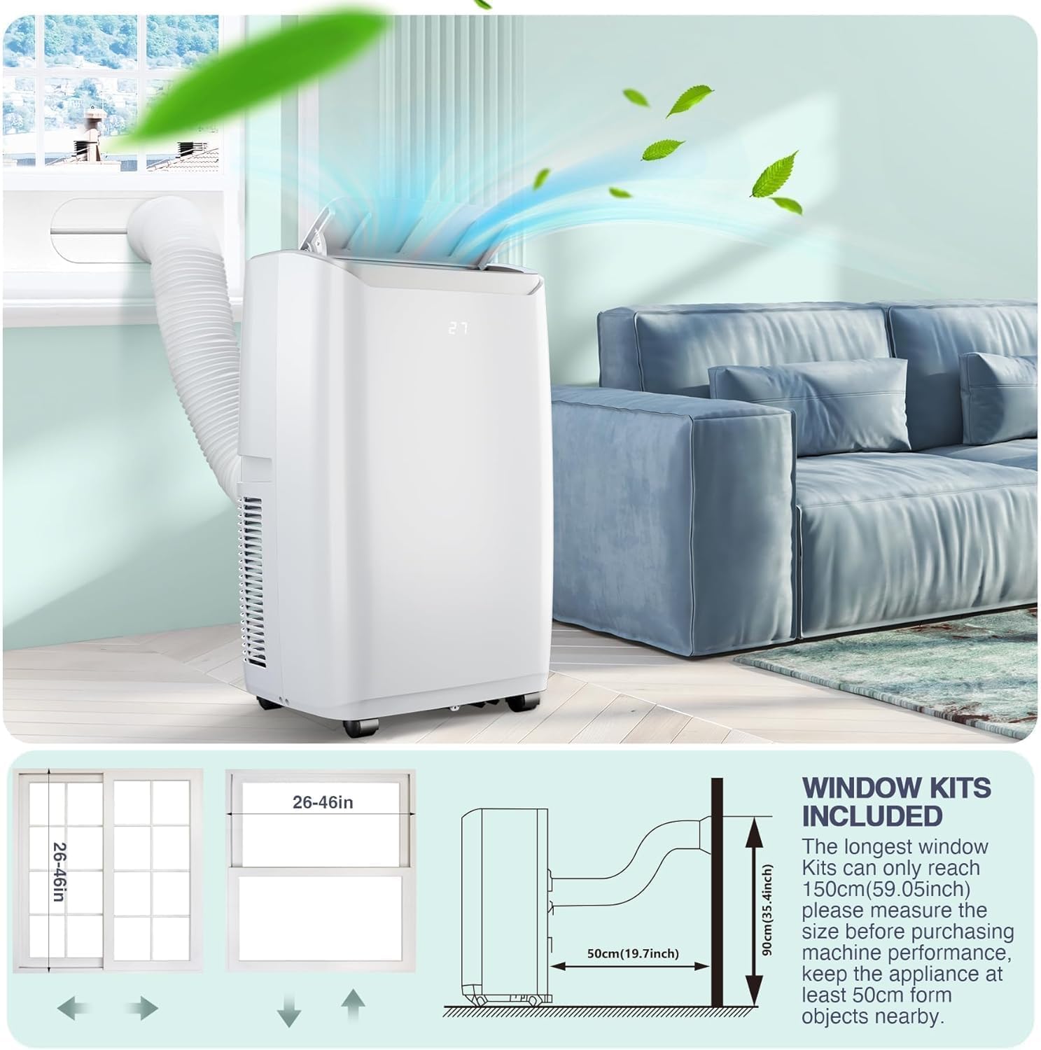 12000 BTU Portable Air Conditioners, for Rooms Up to 550 Sq.Ft. 3-In-1 AC with Fast Cooling, Dehumidifier & Three Speed Fan, 24H Timer and Remote Control, Ultra Quiet for Bedroom, White