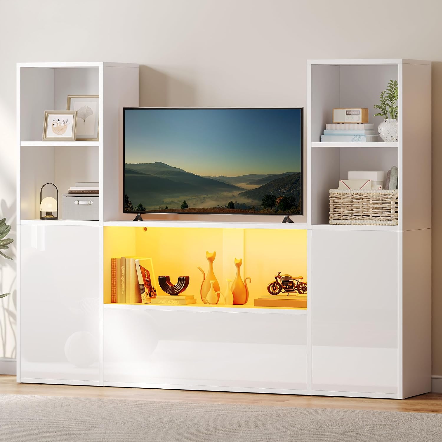 YITAHOME Castle Bookcase with Storage & Adjustable LED Lights, U-Shaped White Bookshelf with Cabinet, UV High-Gloss Display Unit, Cube Organizer for Living Room, Home Office and Bedroom