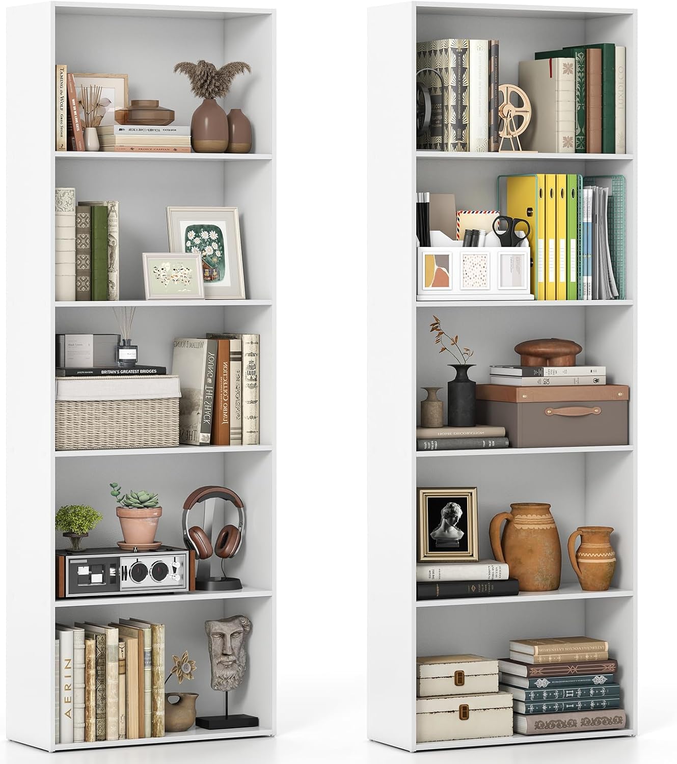 Giantex 5-Tier Bookshelves Set of 2, Freestanding Tall Bookcase with 5 Open Compartments, Modern Storage Organizer, Display Shelving Unit for Living Room, Bedroom, White