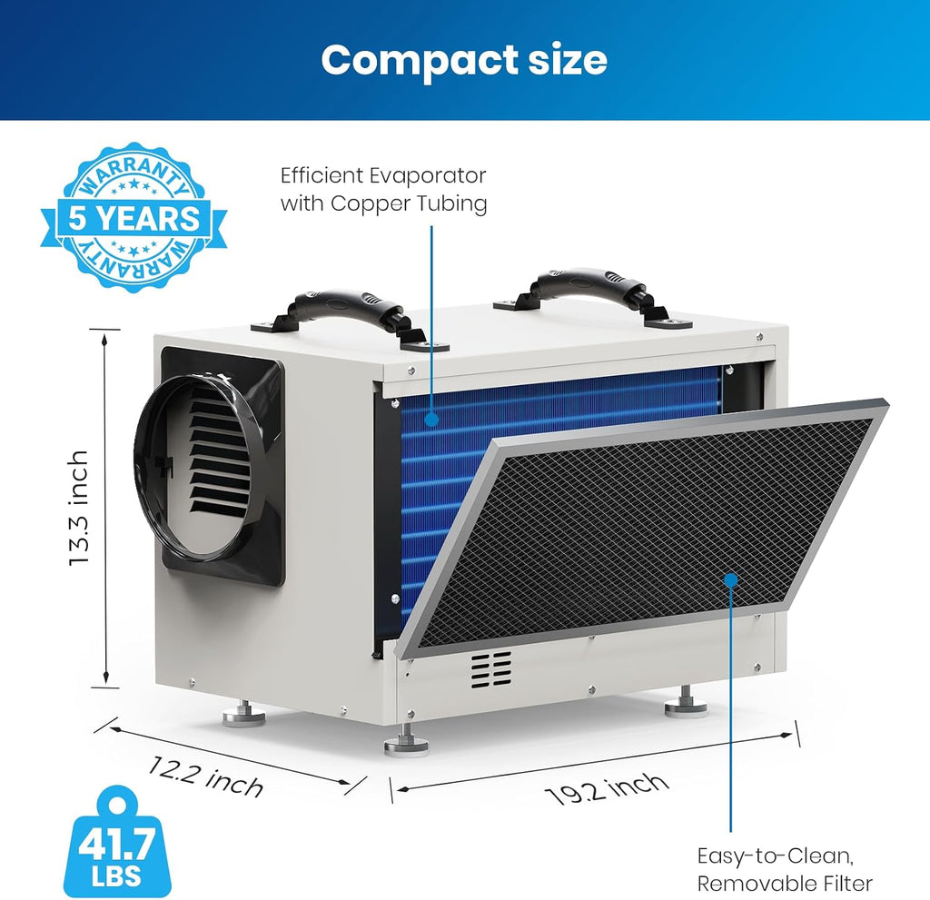 BaseAire Crawl Space Dehumidifier,113 Pint Dehumidifiers with Drain Hose for Basement, Commercial, Industrial, Portable, Auto Defrost, Memory Starting