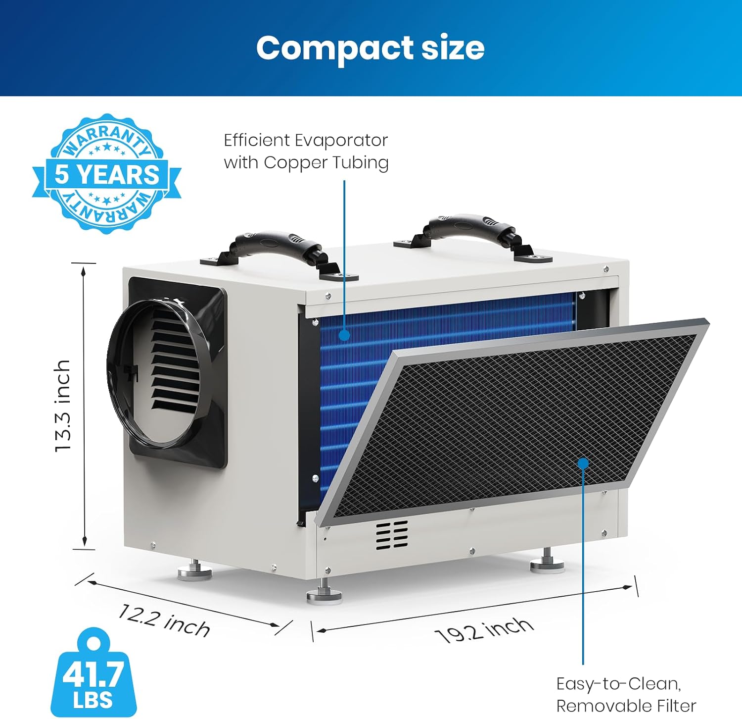 BaseAire Crawl Space Dehumidifier,113 Pint Dehumidifiers with Drain Hose for Basement, Commercial, Industrial, Portable, Auto Defrost, Memory Starting