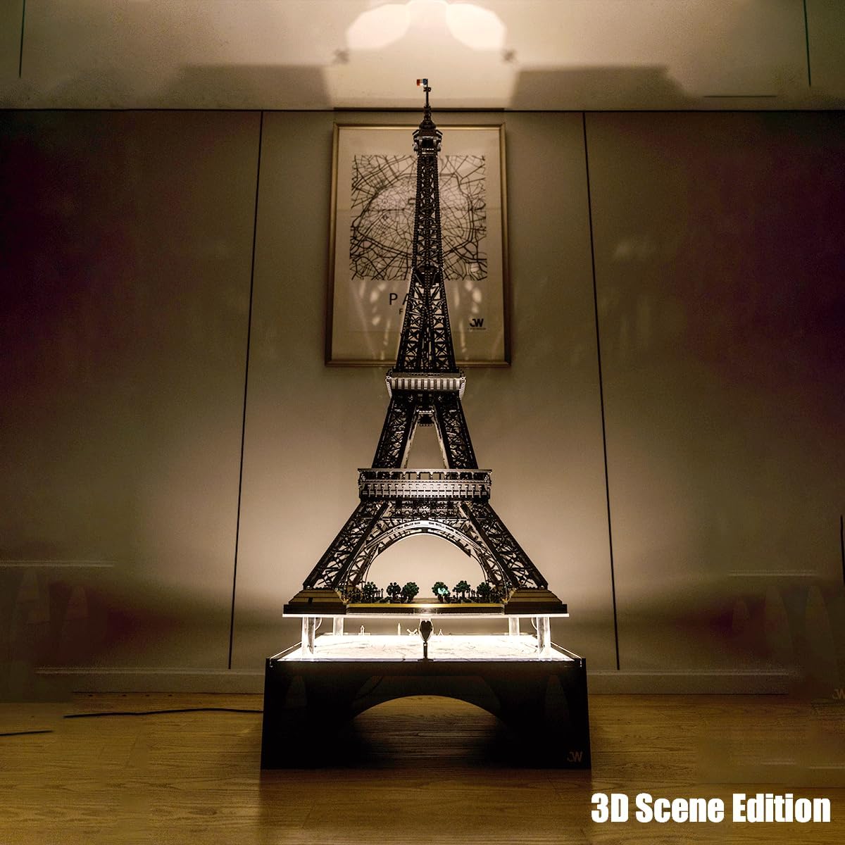 J.WOO Studio Premium LED Display Stand for LEGO 10307 Eiffel Tower (Fits 10001PCS, 59-Inch Model) | Collector Acrylic Stand with Four-Sided Spotlights & Exclusive Engraved Paris Map