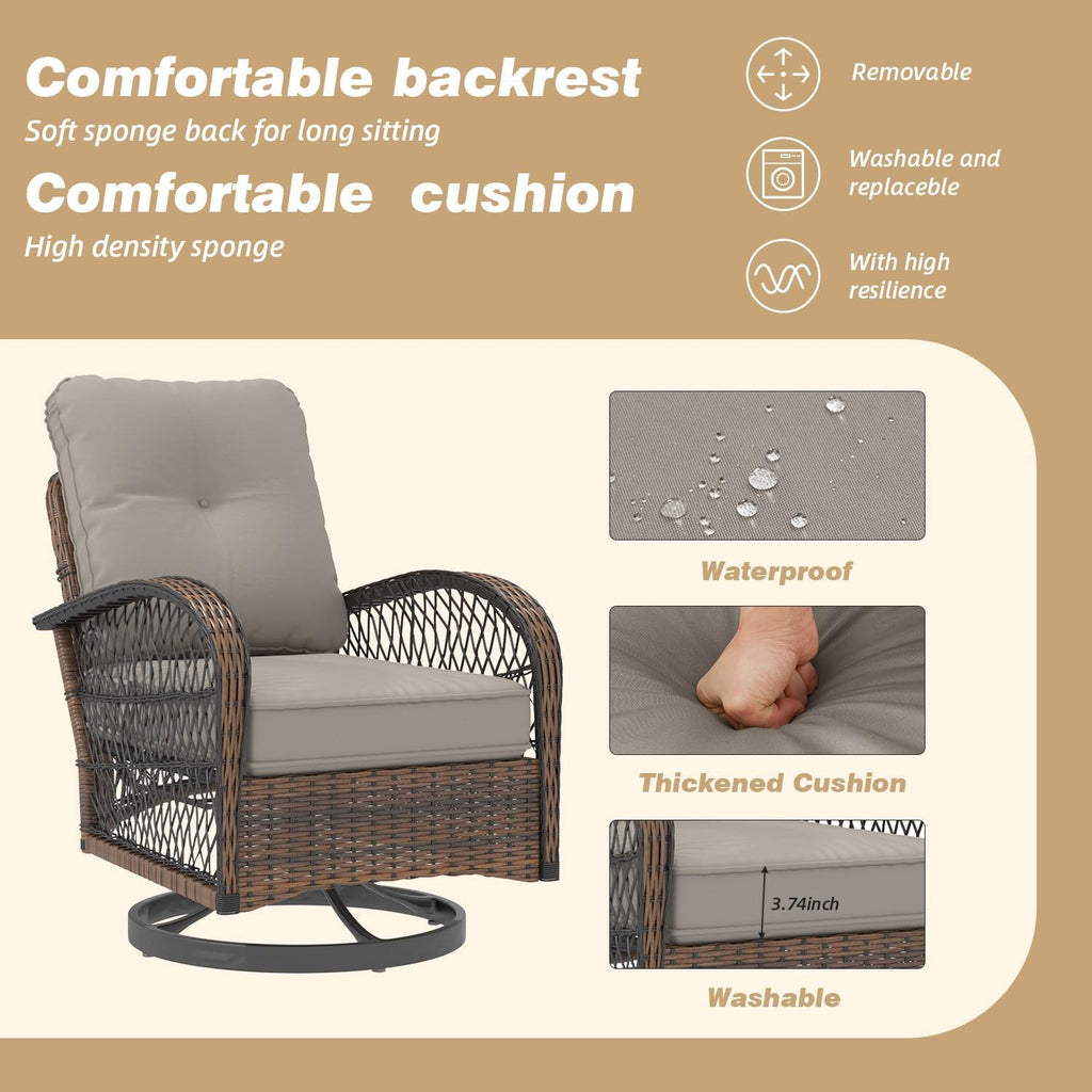 EROMMY 3 Pieces Patio Furniture Set, Outdoor Swivel Rocker Patio Chairs, Wicker Patio Bistro Set with Rocking Chair, Thickened Cushions and Glass Coffee Table for Backyard, Garden, Grey