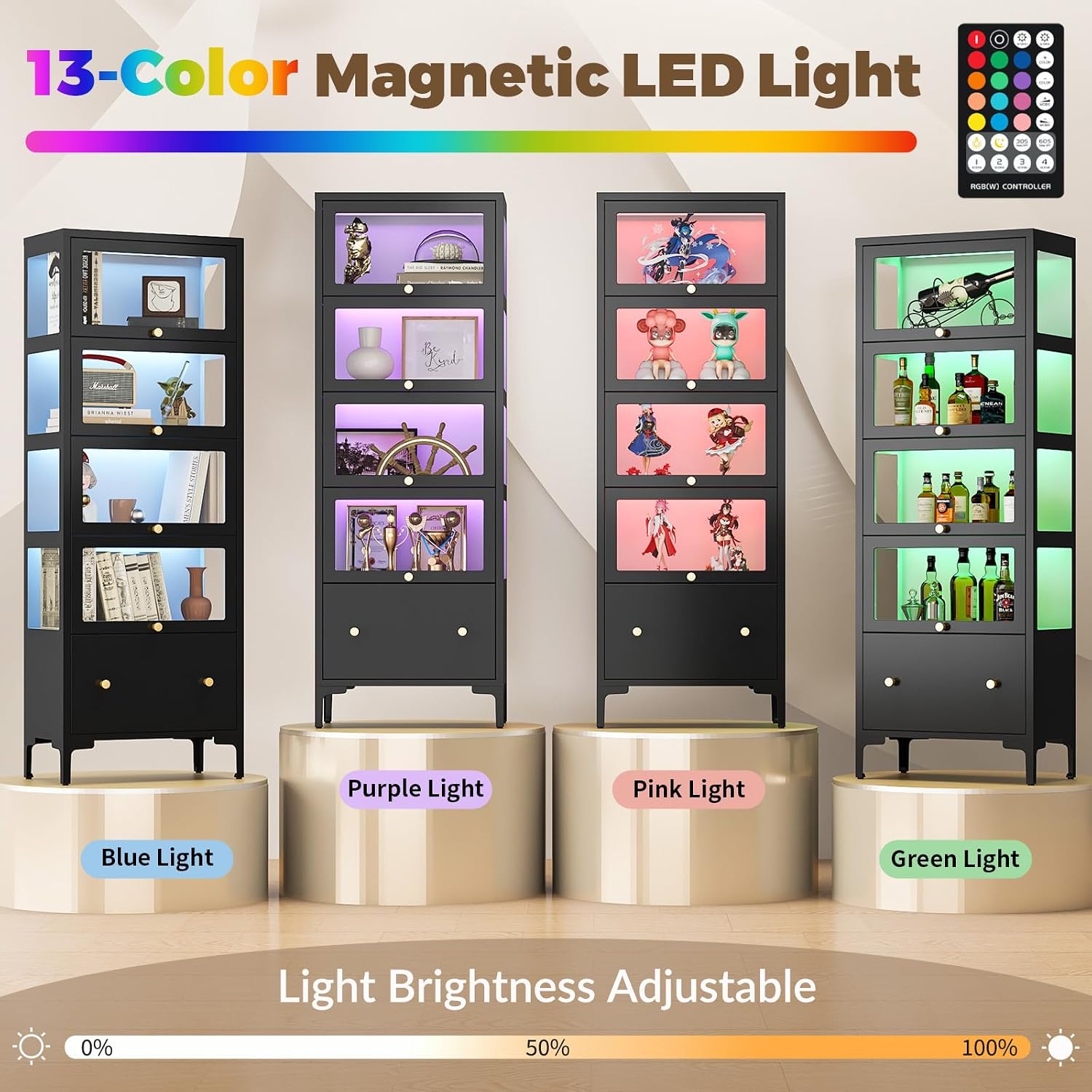 Display Cabinet with Glass Doors, 67' Metal Curio Cabinet with Drawer & 13-Color RGB LED Lights, 5-Tier Glass Display Case for Collectibles, Figure, Toys, Books, Black
