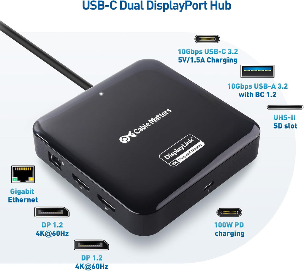 Cable Matters 7-in-1 Dual 4K 60Hz USB C DisplayLink Dock (DisplayLink Docking Station) with 2x DisplayPort, Gigabit Ethernet, 10Gbps USB, SD Reader,100W PD for MacBook All M1,M2,M3,M4 Models & Windows
