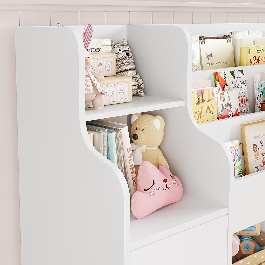 FINETONES Toy Storage Organizer, Large Toy Organizers and Storage with 8 Storage Cubbies and 2 Movable Drawers, Toy Shelf Organizer with 4 Display Shelves, 3-Tier Kids Bookshelf and Toy Storage