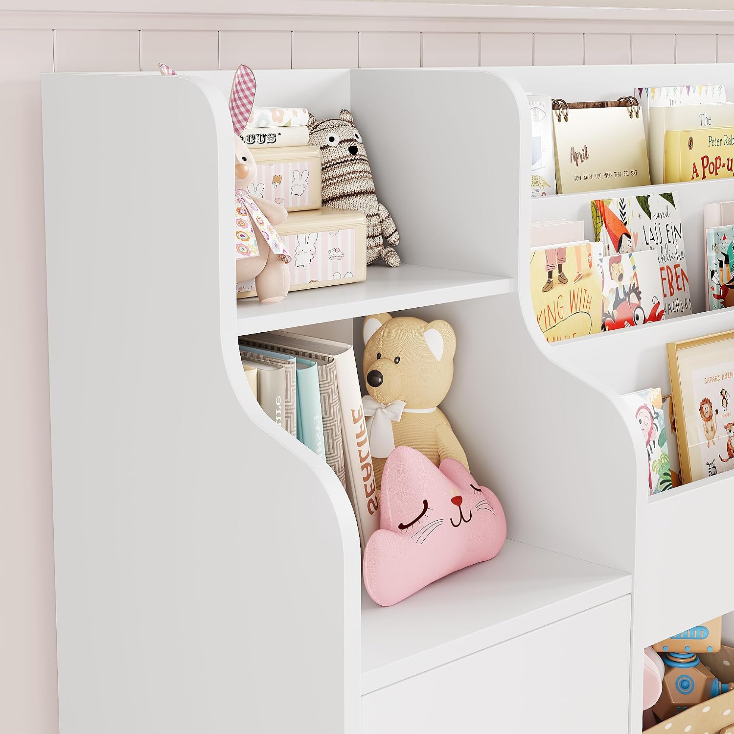 FINETONES Toy Storage Organizer, Large Toy Organizers and Storage with 8 Storage Cubbies and 2 Movable Drawers, Toy Shelf Organizer with 4 Display Shelves, 3-Tier Kids Bookshelf and Toy Storage