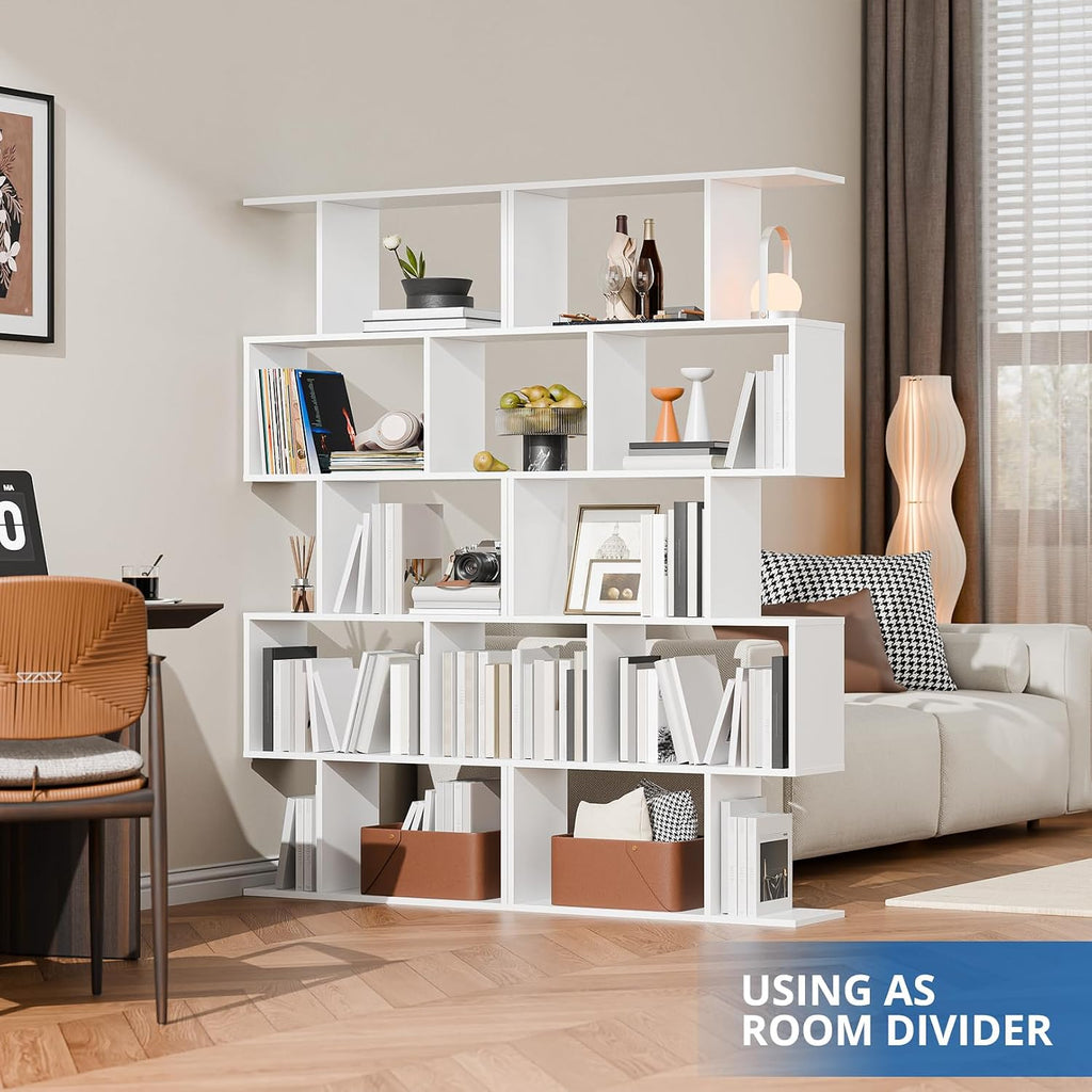 Cozy Castle Set of 2 Geometric Bookcase, S-Shaped Modern Bookshelf, Room Divider Bookshelf, 62' Tall Unique Abstract Bookcase with 5-Tier Display Shelf for Living Room Office, White