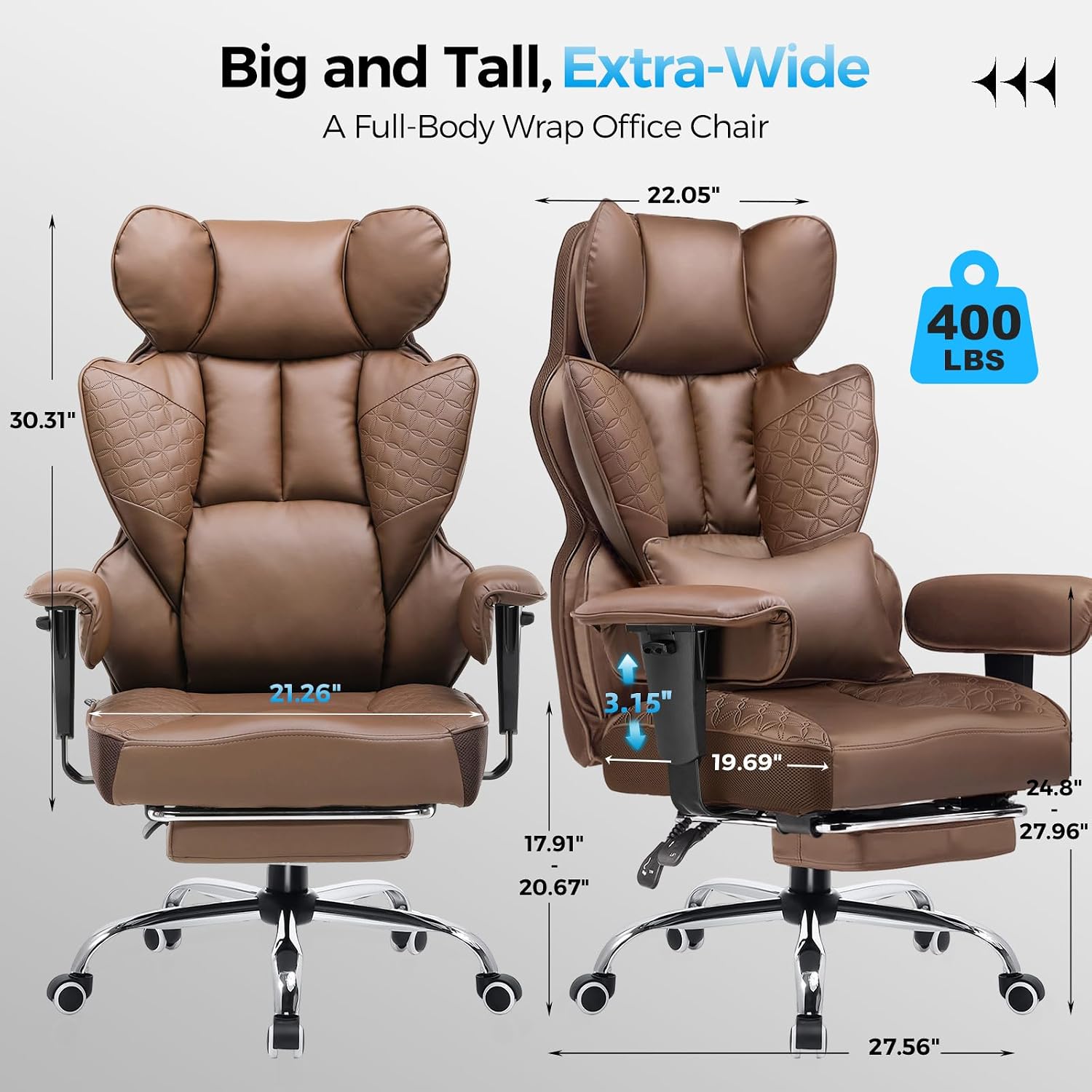 GTPLAYER Big and Tall Gaming Chair 400lbs Heavy Duty Office Chair with Foot Rest & Ergonomic Pocket Spring Lumbar Support, High Back 3D Saddle Shaped Cushion for Back Pain Relief, Brown