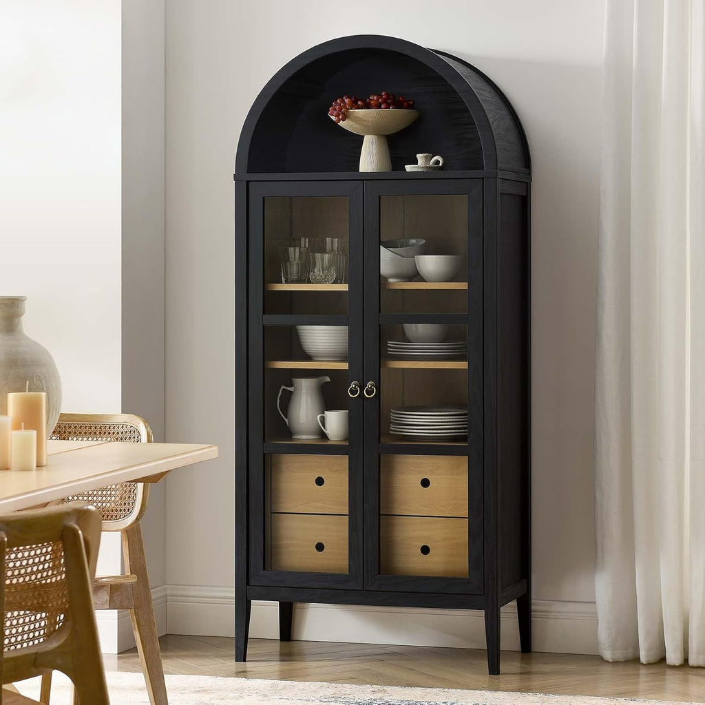 Modway Nolan Modern Farmhouse 71 Inch Tall Arched Storage Display Cabinet in Black Oak