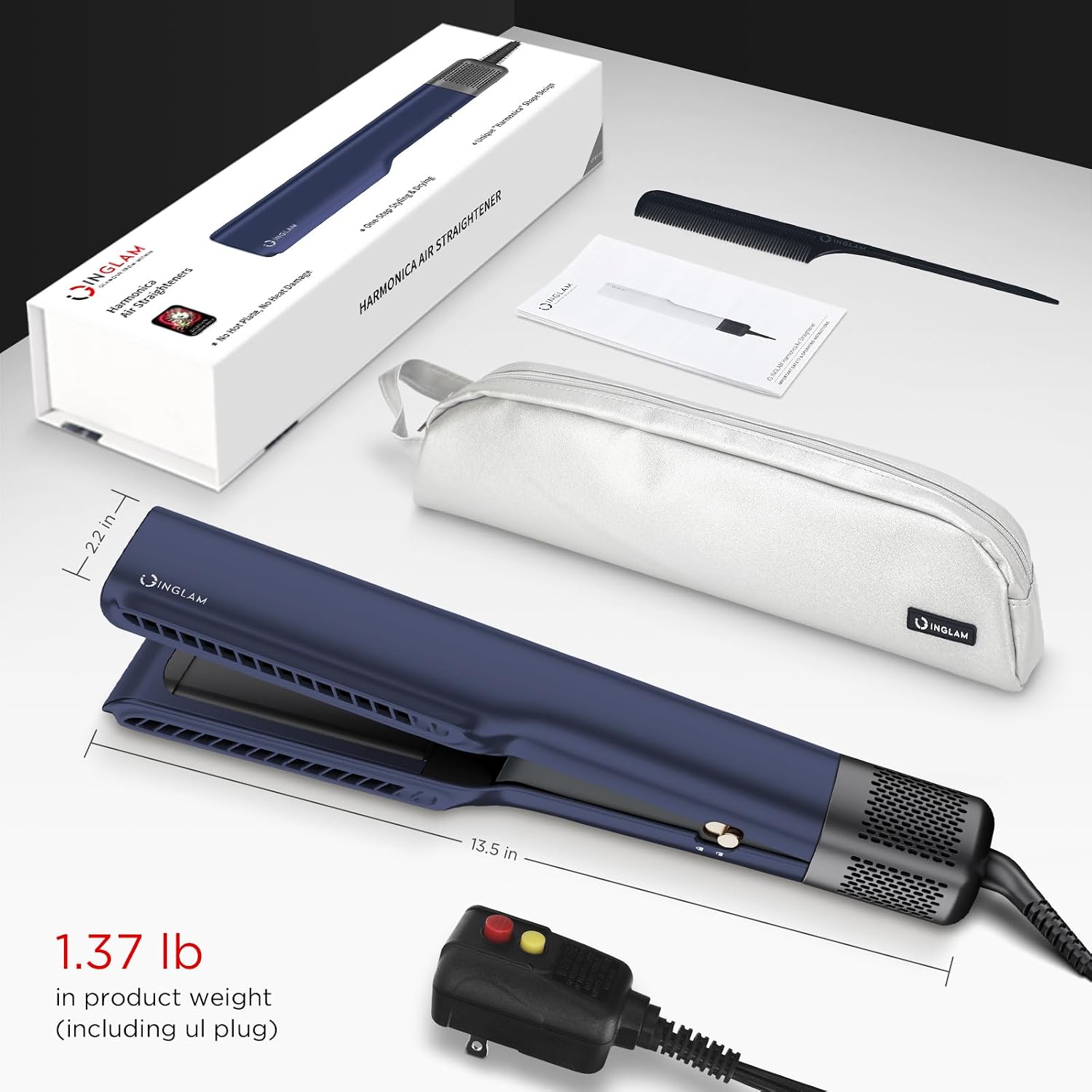 IG INGLAM Air Straight, Style from Wet Hair, 200M Ionic Hair Dryer Straightener for Medium Long Length(14'-30'), Straightener and Dryer 2 in 1, Fast Drying and Straightening in One Step, Dark Blue