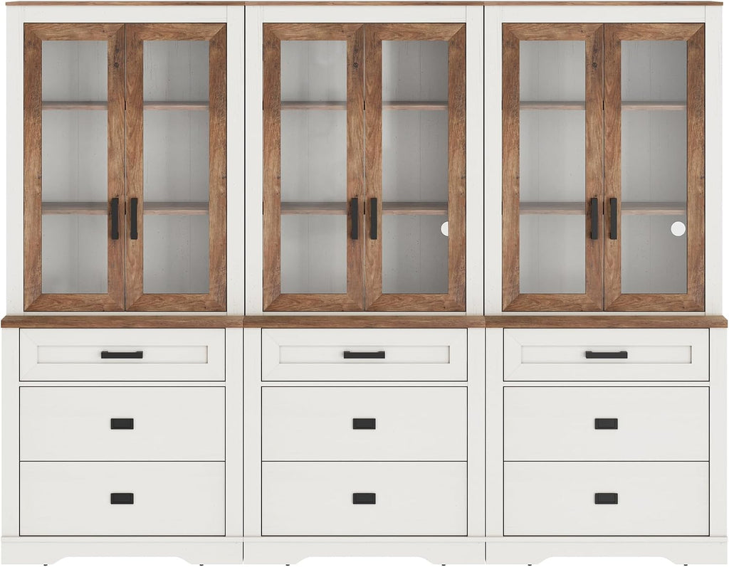 WAMPAT 3 Column 73.3' Tall Bookcase with Glass Door, 94.5' Wide Rustic Wood Bookshelves with Chest of Drawers, Modern Farmhouse Display Cabinet with Adjustable Shelves for Home,Office,White&Oak