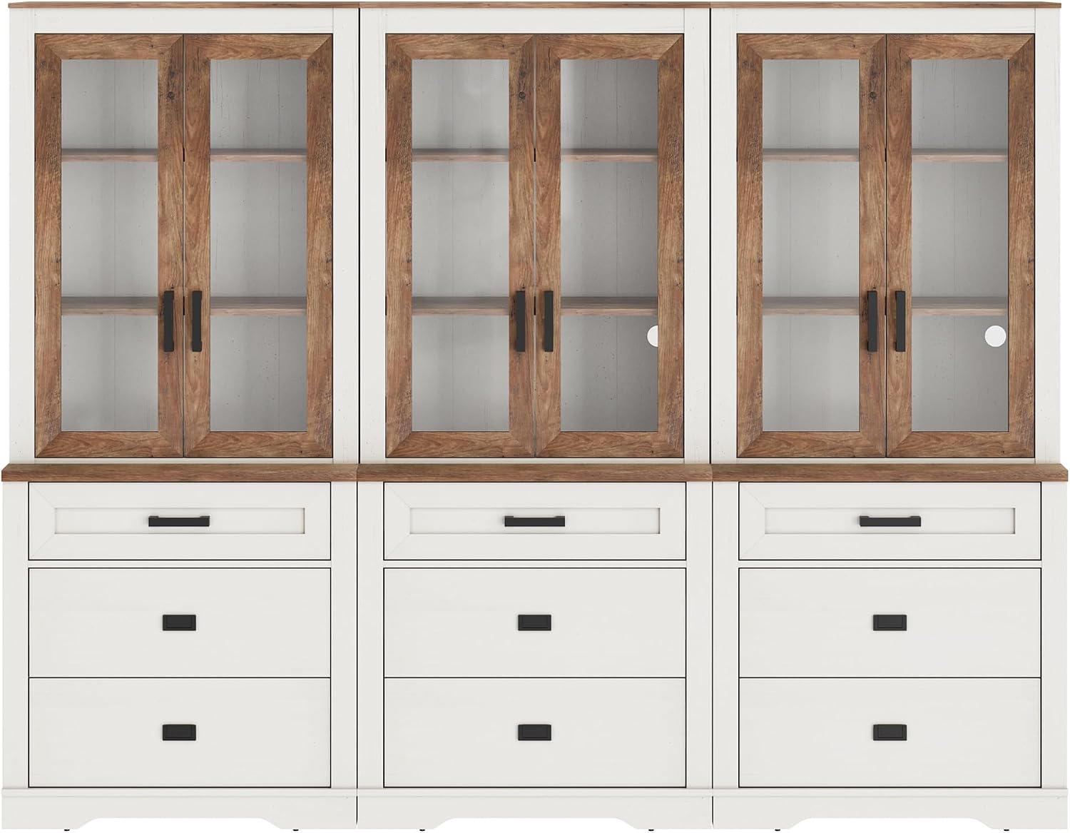 WAMPAT 3 Column 73.3' Tall Bookcase with Glass Door, 94.5' Wide Rustic Wood Bookshelves with Chest of Drawers, Modern Farmhouse Display Cabinet with Adjustable Shelves for Home,Office,White&Oak