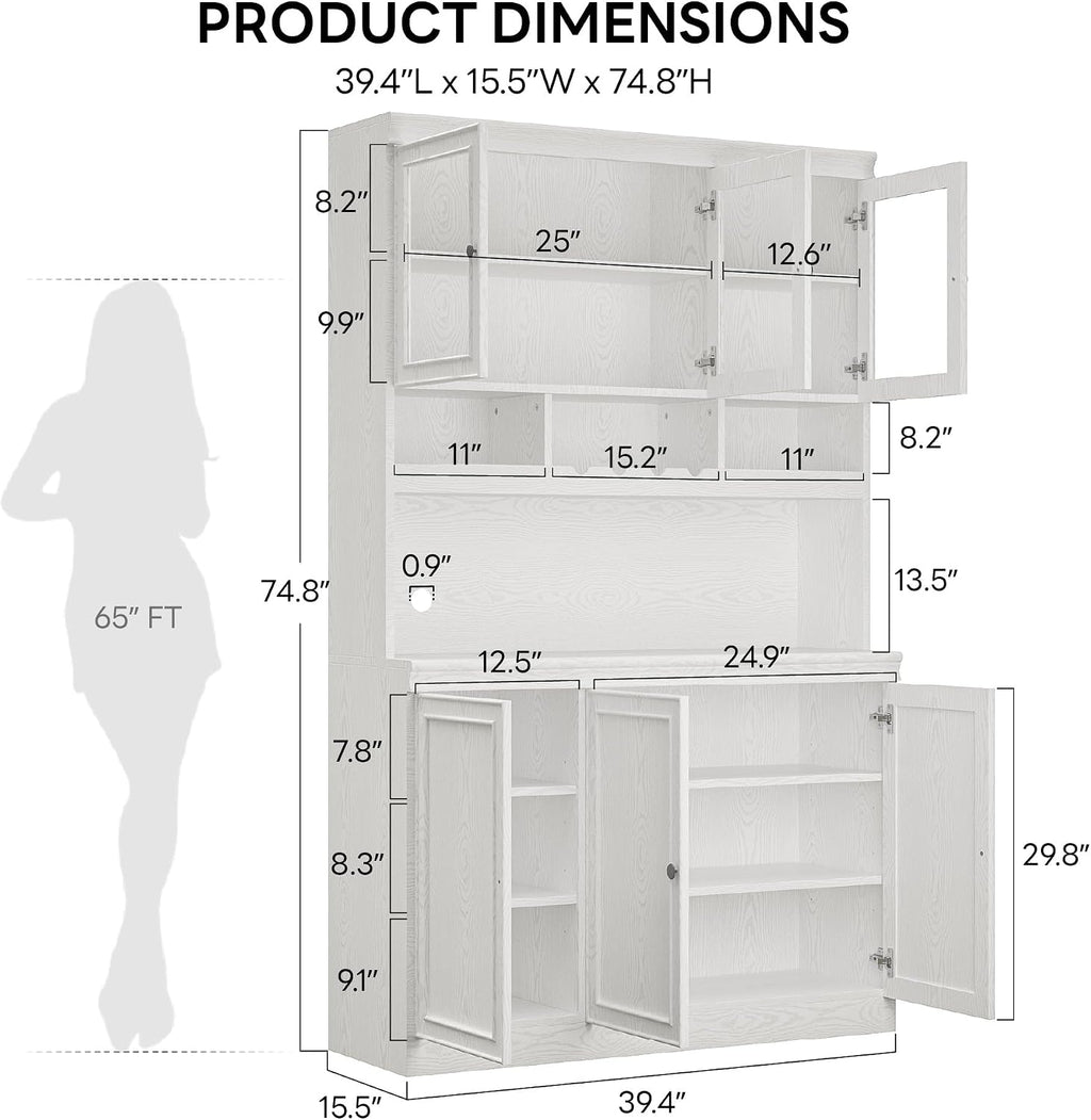 LIKIMIO 74.8' China Cabinet with Glass Doors, Tall Kitchen Pantry, Storage Cabinet with Microwave Stand, 4 Adjustable Shelves, Wine & Glass Station, Modern Display Cabinet for Home Living Room, White