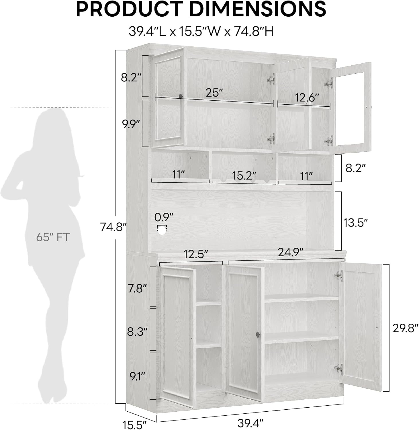 LIKIMIO 74.8' China Cabinet with Glass Doors, Tall Kitchen Pantry, Storage Cabinet with Microwave Stand, 4 Adjustable Shelves, Wine & Glass Station, Modern Display Cabinet for Home Living Room, White