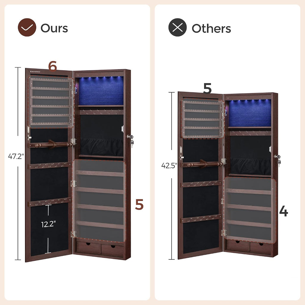 SONGMICS 6 LEDs Mirror Jewelry Cabinet, 47.2-Inch Tall Lockable Wall or Door Mounted Jewelry Armoire Organizer with Mirror, 2 Drawers, 3.9 x 14.6 x 47.2 Inches, Brown UJJC93K
