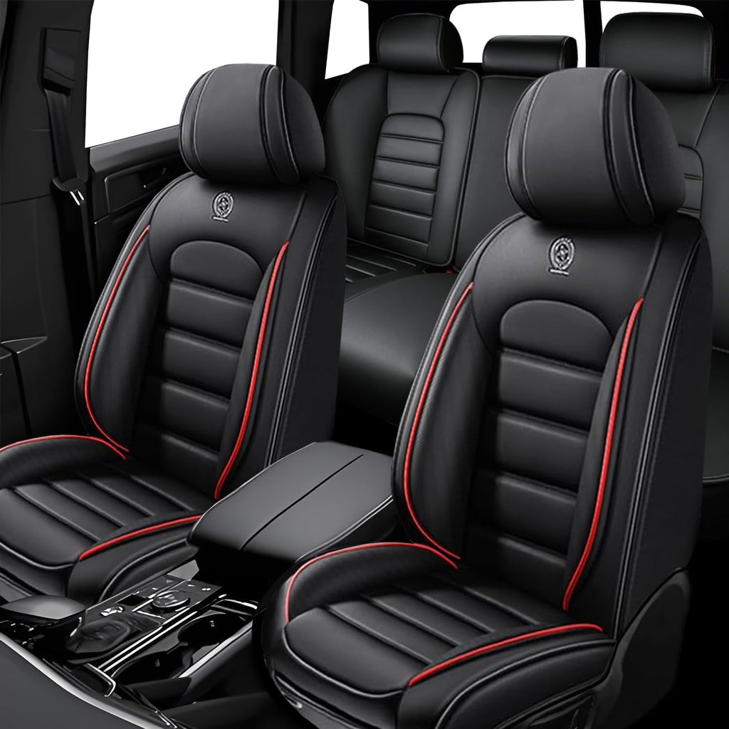 5 Seat Covers for Infiniti G35 2003-2010 Leather Car Seat Covers Waterproof Soft Car Seat Protectors Comfort Premium Automotive Seat Covers with Airbag（Standard,Black+Red Bars）
