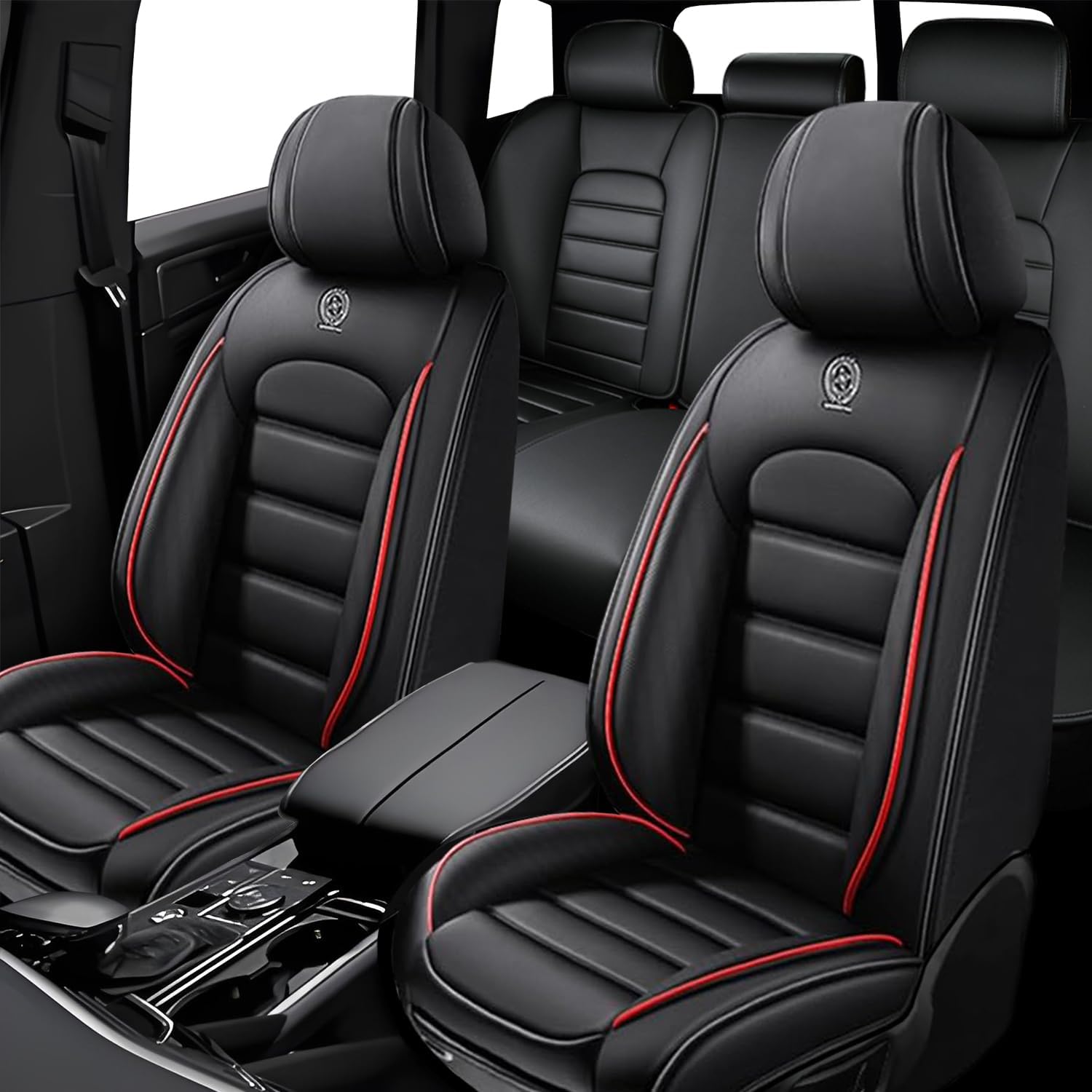 5 Seat Covers for Infiniti G35 2003-2010 Leather Car Seat Covers Waterproof Soft Car Seat Protectors Comfort Premium Automotive Seat Covers with Airbag（Standard,Black+Red Bars）