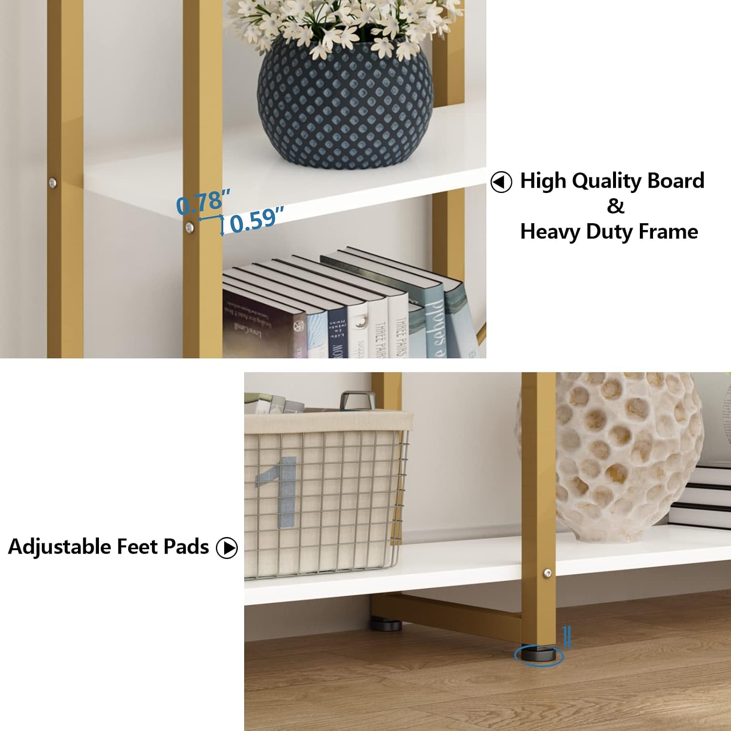 Auromie Triple Wide 5-Tier Bookshelf, 70.87' L x 79.13' H Extra Large Gold Bookcase, Tall Display Shelf with Metal Frame, Freestanding Etagere Storage Display Shelf for Home Office, White Gold