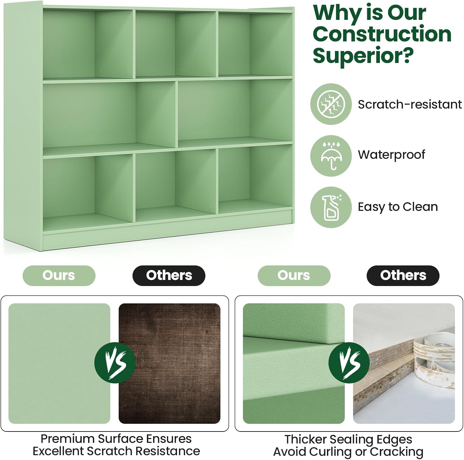 Tangkula 8-Cube Bookcase, Wood 3 Tier Open Storage Bookshelf, Modern Multipurpose Display Cabinet for Living Room, Study, Reading Nook, 48 x 12.5 x 36.5 Inch (Green)