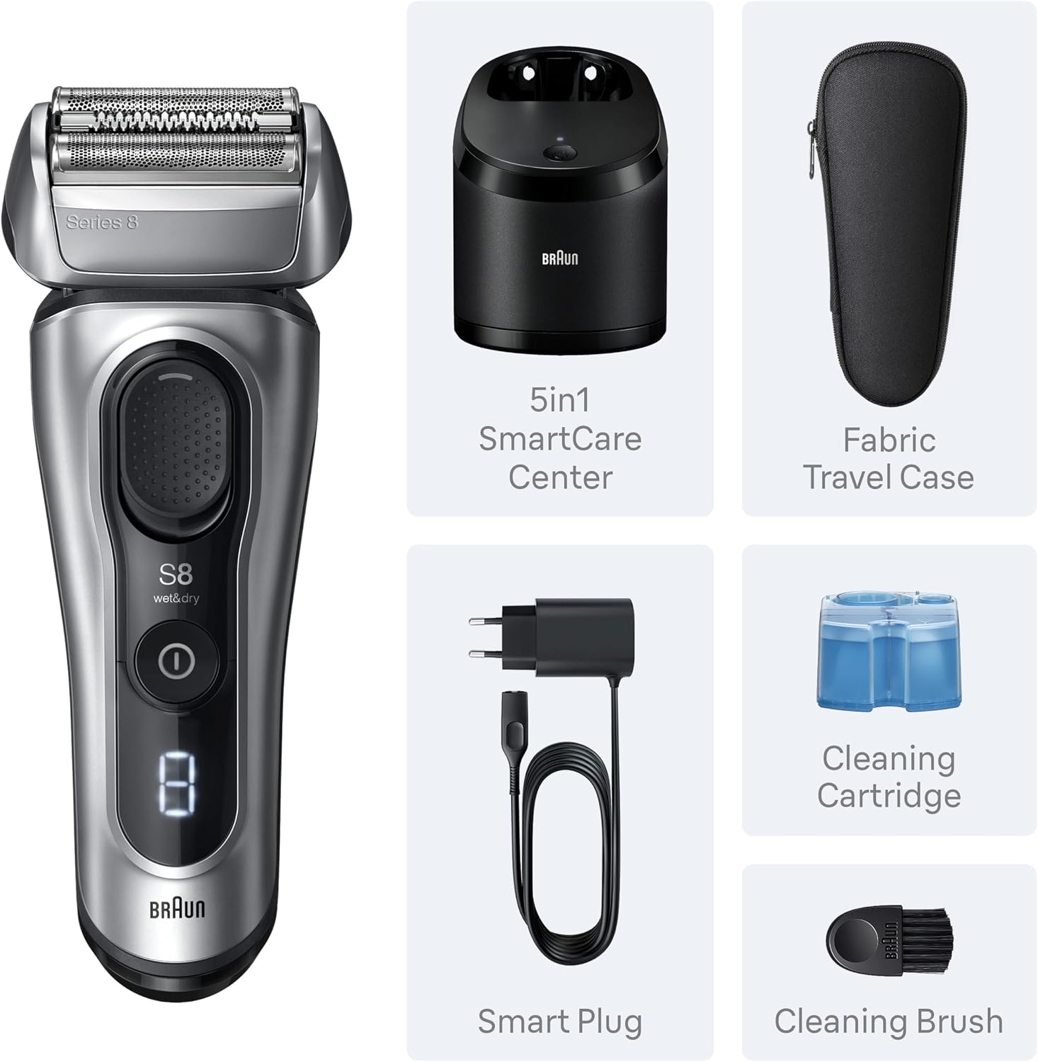 Braun Series 8 8567cc Electric Razor for Men, 4+1 Shaving Elements & Precision Long Hair Trimmer, 5in1 SmartCare Center, Close & Gentle Even on Dense Beards, Wet & Dry Electric Razor, 60min Runtime