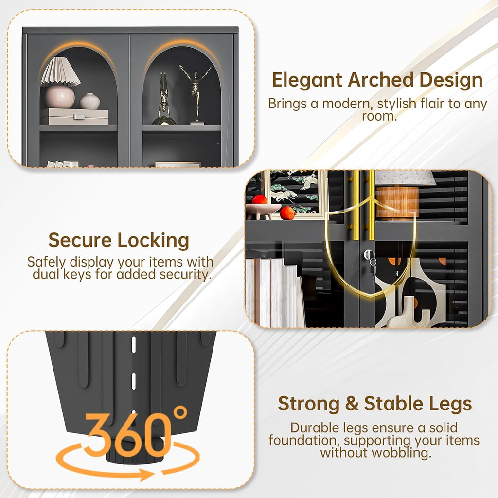 47' H Locking Display Cabinet with Glass Door, Tall black Storage Cabinet with 3 Adjustable Shelves, Metal Curio Cabinet Multi-Purpose Display Case for Collectibles Living Room/Bedroom/Kitchen/Bar
