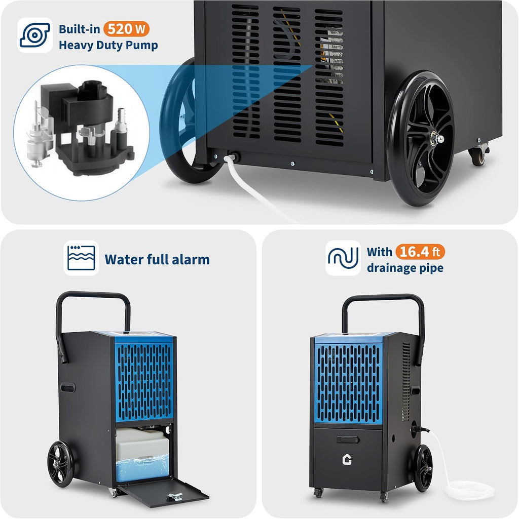 105 pt Commercial Dehumidifier for Basement, Large Dehumidifier with Drain Hose, Timer and 4 Wheels, Ideal for Flood Repair, Drying Basement, Warehouse and Factory, 110V/60Hz/520W, US Standard