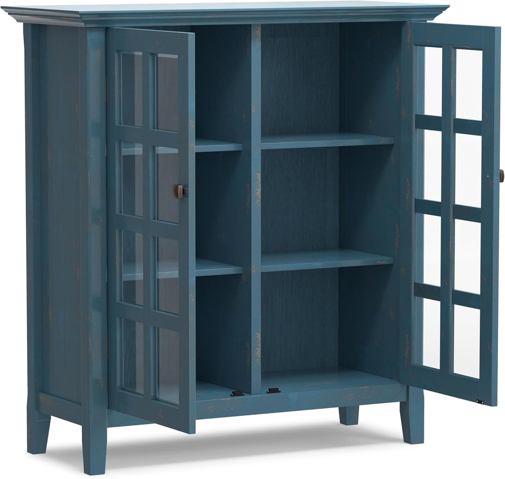 SIMPLIHOME Acadian Storage Cabinet - 39 inch Wide Solid Wood 6-Shelf Medium Storage Cabinet in Distressed Coastal Blue, Transitional Cabinet with Glass Doors for Living Room with Adjustable Shelves