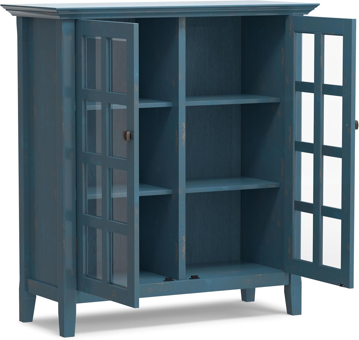 SIMPLIHOME Acadian Storage Cabinet - 39 inch Wide Solid Wood 6-Shelf Medium Storage Cabinet in Distressed Coastal Blue, Transitional Cabinet with Glass Doors for Living Room with Adjustable Shelves