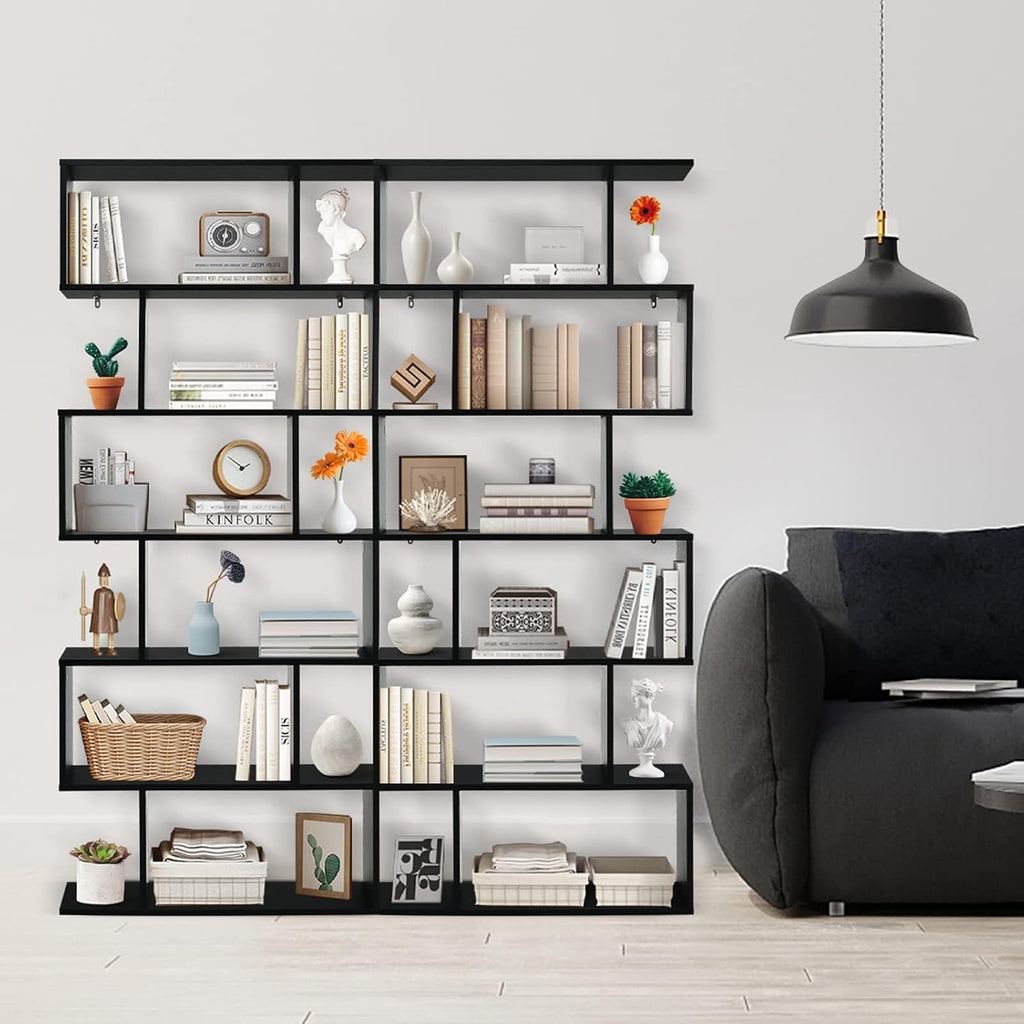 Giantex Geometric Bookcase Set of 2, S-Shaped Wooden Bookshelf, 6-Tier Modern Freestanding Decorative Storage Display Shelves for Bedroom, Living Room (2, Black)