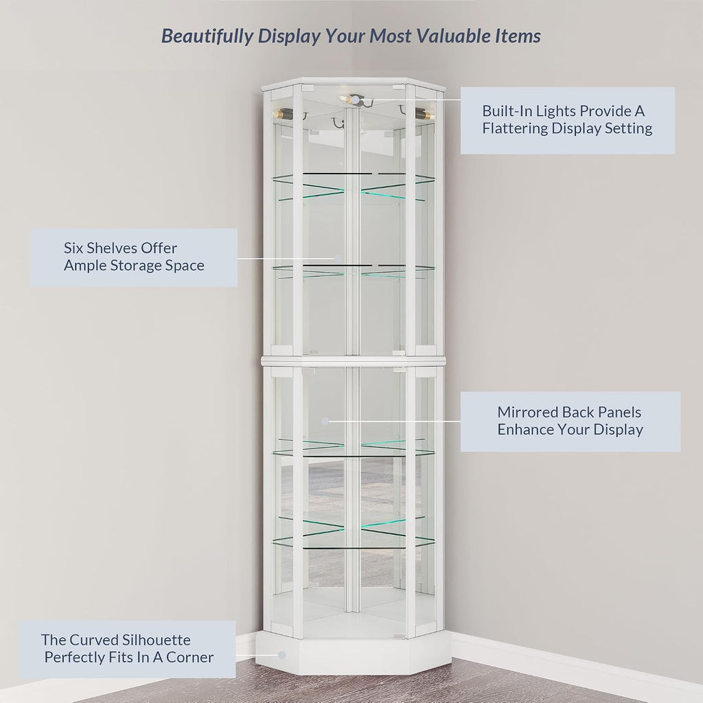 BELLEZE Lighted 3-Side Glass Display Curio Cabinet with Tempered Glass Doors and Shelves, Curved Wood Corner Cabinet with Bulb, Corner Curio Storage Rack for Bar and Liquor Storage - Ashfield (White)
