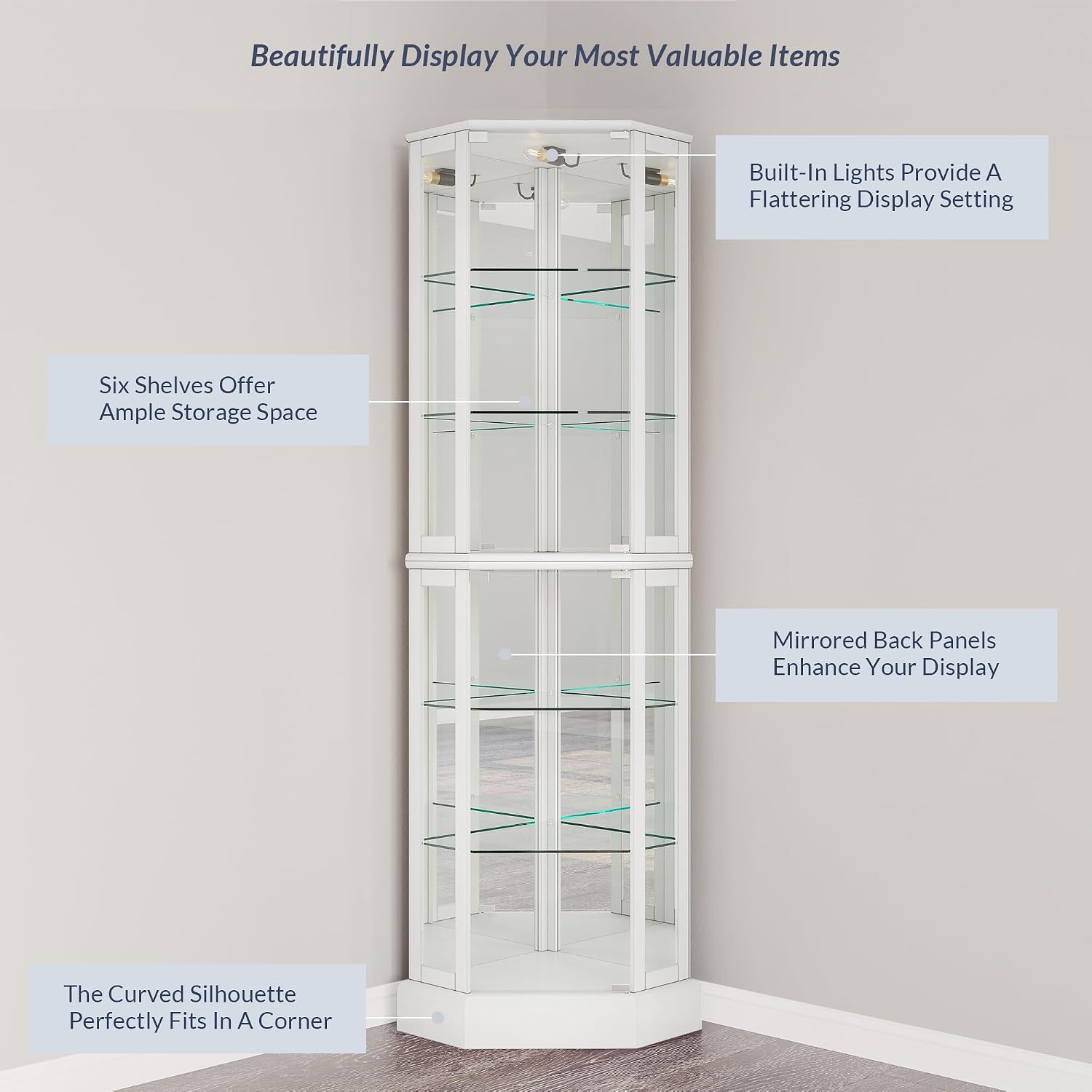 BELLEZE Lighted 3-Side Glass Display Curio Cabinet with Tempered Glass Doors and Shelves, Curved Wood Corner Cabinet with Bulb, Corner Curio Storage Rack for Bar and Liquor Storage - Ashfield (White)