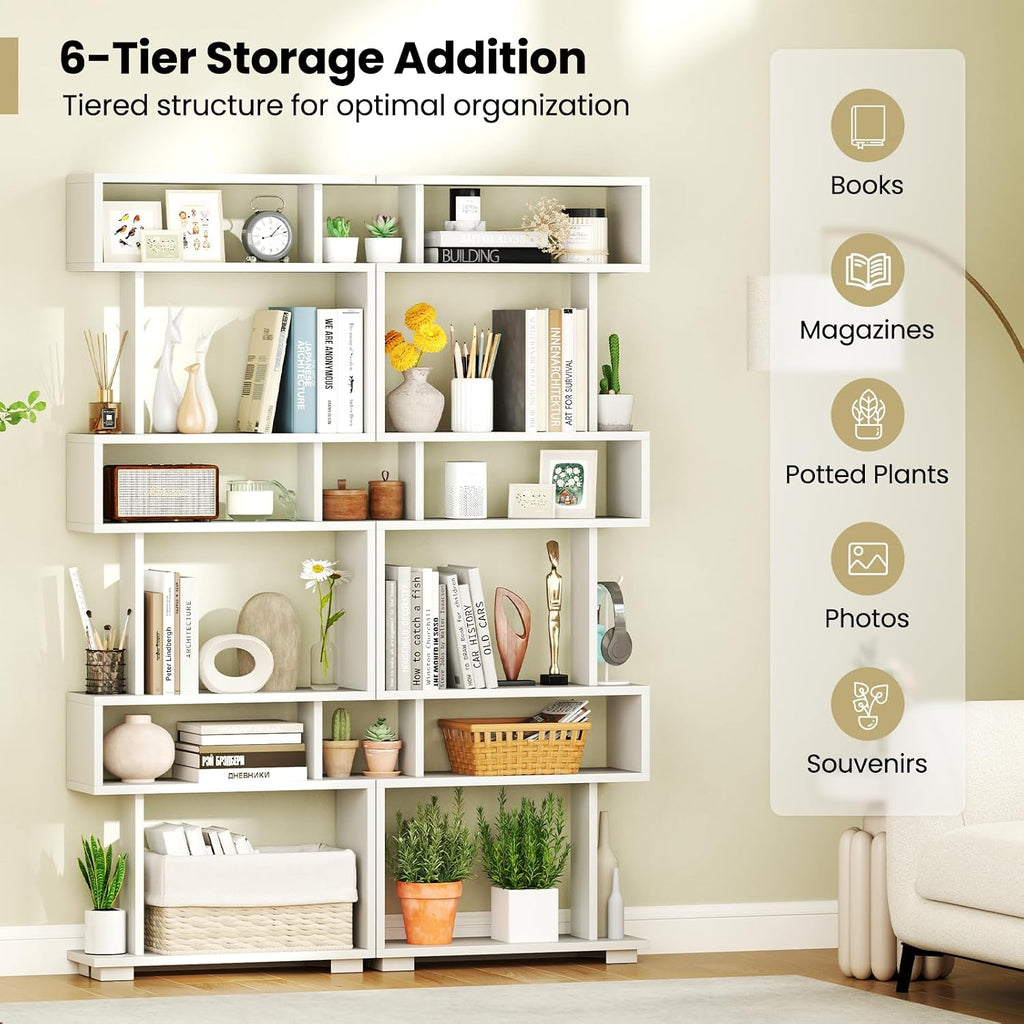 Giantex 6-Tier Geometric Bookcase Set of 2, 64' Tall S-Shaped Bookshelf w/Anti-Tipping Kit, Wood Freestanding Decorative Storage Display Shelves for Living Room, Bedroom & Home Office, White