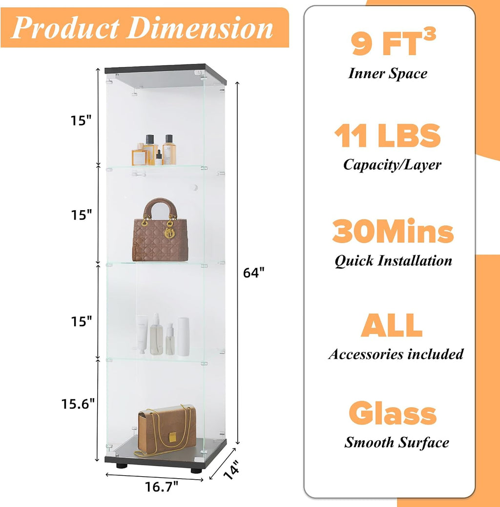 Glass Display Cabinet 4-Shelf with Door and Lock,Curio Cabinets Upgraded Quick-Install Storage Cabinet,Glass Floor Standing Bookshelf for Bedroom,Living Room,Office 16.7'Wx14.4'Dx64'H (Black)