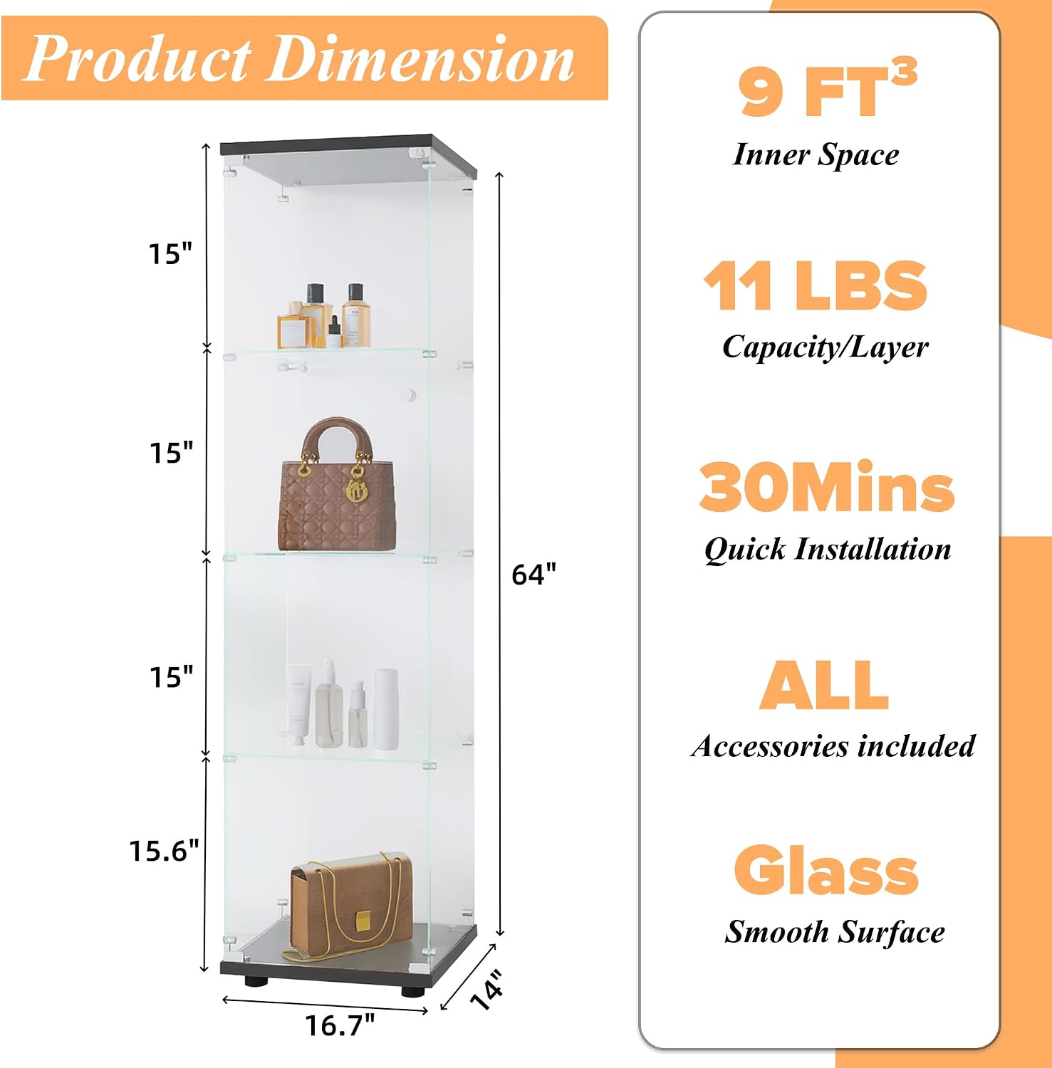 Glass Display Cabinet 4-Shelf with Door and Lock,Curio Cabinets Upgraded Quick-Install Storage Cabinet,Glass Floor Standing Bookshelf for Bedroom,Living Room,Office 16.7'Wx14.4'Dx64'H (Black)