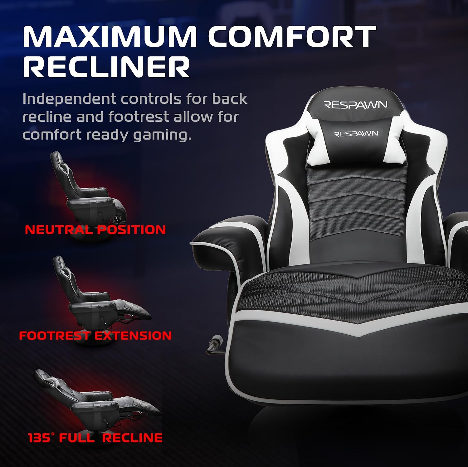 RESPAWN 900 Console Gaming Recliner with Footrest and Lumbar Support - Comfortable Ergonomic Gaming Chair with Headrest, No Wheels, Reclining, Heavy Duty, Racing Style Video Game Chairs - White