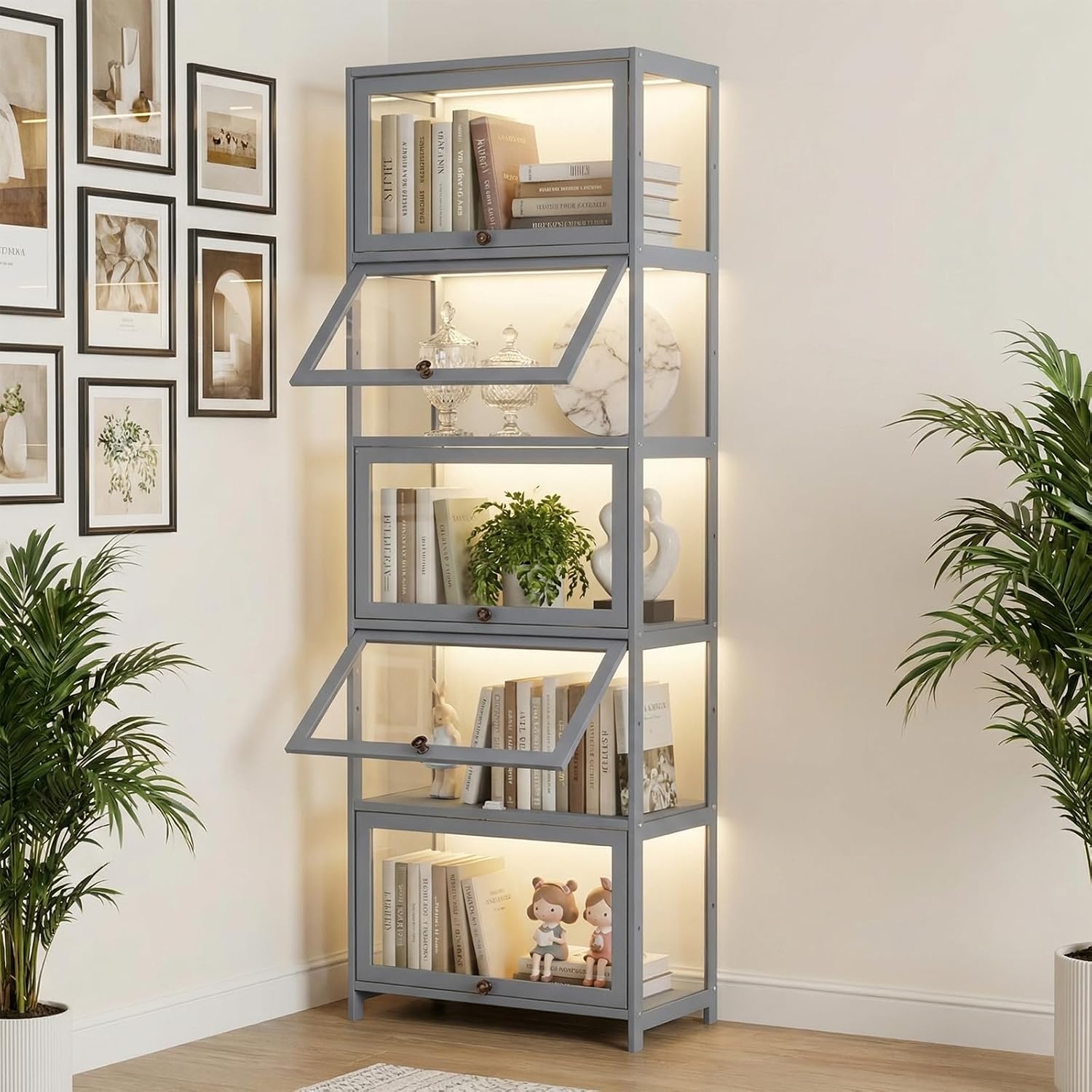 Magshion Display Cabinet, 5-Tier Curio Cabinet with Acrylic Doors, 67.5' Tall Curio Display Case, Showcase, Corner Shelf for Living Room, Bedroom, Playroom, Grey, 12.5' D x 23' W x 67.5' H