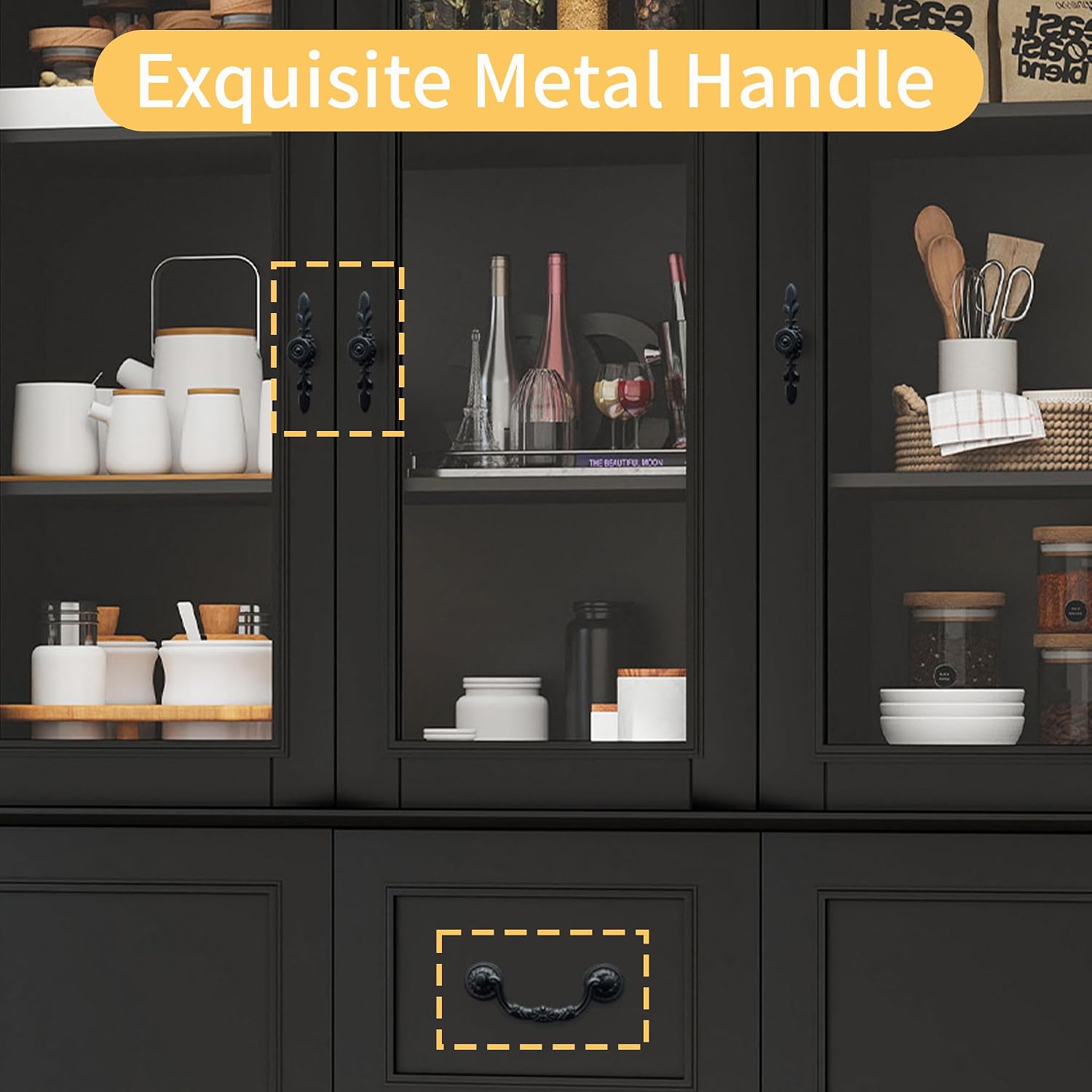 70.9' Tall Bookcase Display Storage Cabinet Hutch with Glass Doors & Drawers - Curio Display Bookshelf Kitchen Pantry for Home, Kitchen, Living Room.
