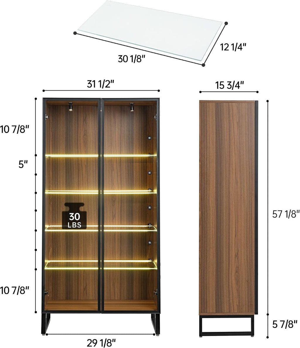 EUREKA ERGONOMIC Curio Cabinet with LED Lights, 4-Tier Adjustable Shelves Display Storage Cabinet Tempered Glass Door Tall Showcase for Collectibles Figurines Home Office Living Room Bedroom, Walnut