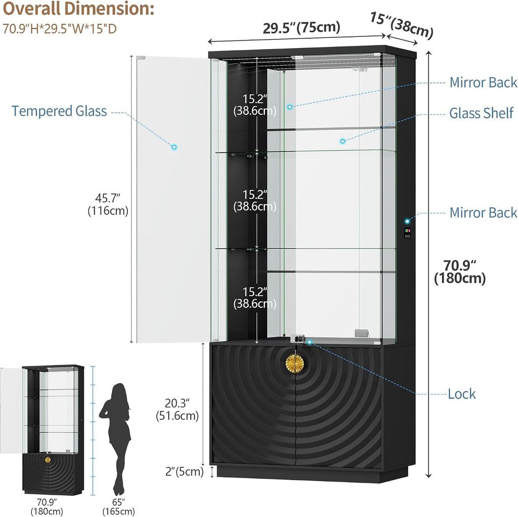 Lvifur 71'' Display Cabinet with Glass Doors,4-Tier Curio Cabinet with 3-Color Lights for Collectibles,Lockable Glass Display Case with Human Body Sensor,Tall Bookcase w/Shelves&Drawers,Black