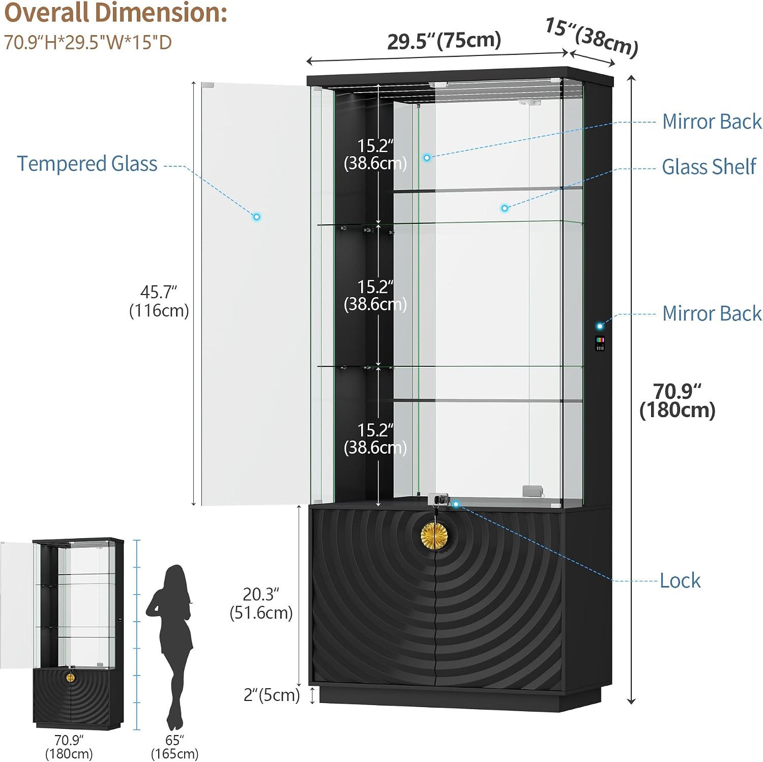 Lvifur 71'' Display Cabinet with Glass Doors,4-Tier Curio Cabinet with 3-Color Lights for Collectibles,Lockable Glass Display Case with Human Body Sensor,Tall Bookcase w/Shelves&Drawers,Black