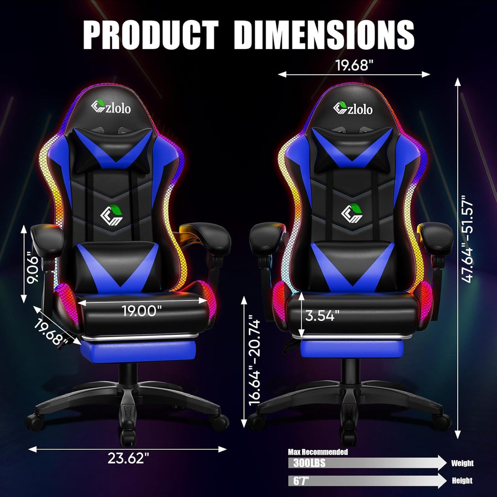 Czlolo Gaming Chair, Racing Style RGB LED Lights Gaming Chairs for Adults and Kids, Lumbar Massager Gamer Chair, High Back Reclining Computer Chair with Footrest and Headrest (Black/Blue)