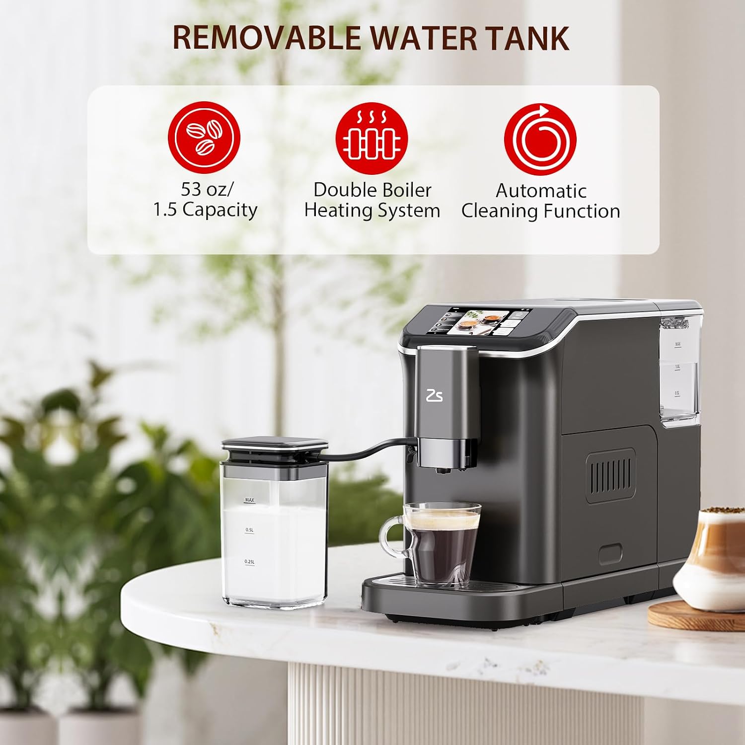 Fully Automatic Espresso Machine with Grinder, Espresso Machine with Milk Frother, 1-15 Adjustable Grind Size Levels, 1.5L Water Tank, Auto-Cleaning, Cappuccino & Latte Machine for Home